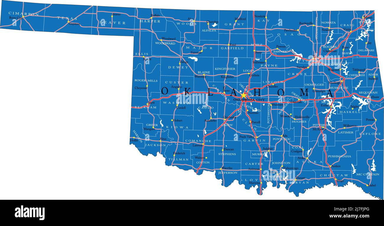 Carte détaillée de l'état de l'Oklahoma, au format vectoriel, avec frontières du comté, routes et grandes villes. Illustration de Vecteur