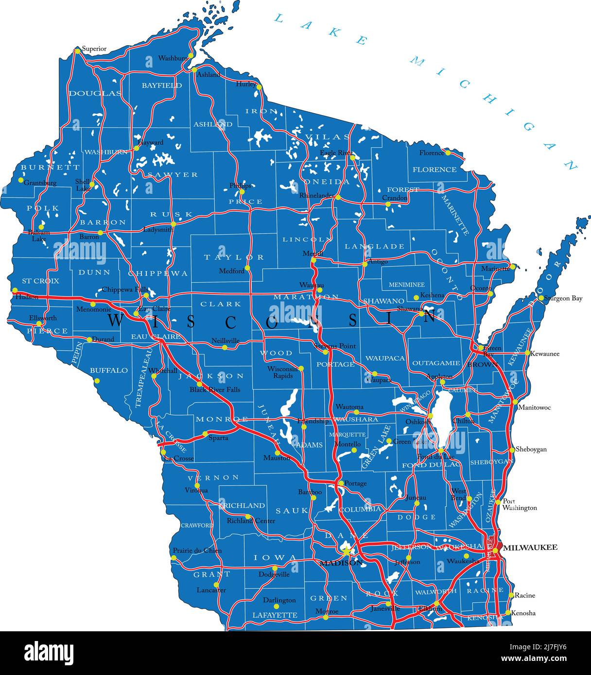 Carte détaillée de l'État du Wisconsin, au format vectoriel, avec frontières du comté, routes et grandes villes. Illustration de Vecteur