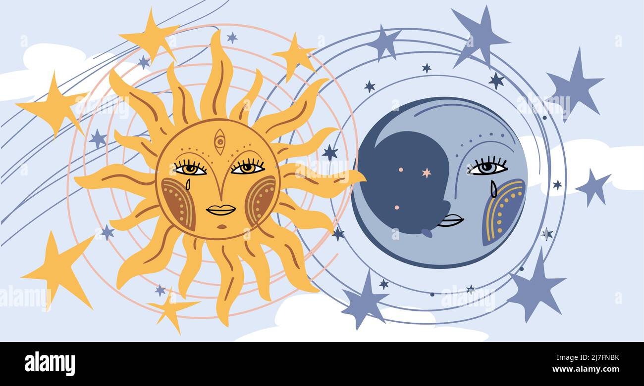 Fond ciel bleu de jour, symbole de face de soleil et face de lune. Bannière magique pour l'astrologie avec des étoiles. Carte céleste pour le zodiaque, le tarot, l'univers mystique Illustration de Vecteur