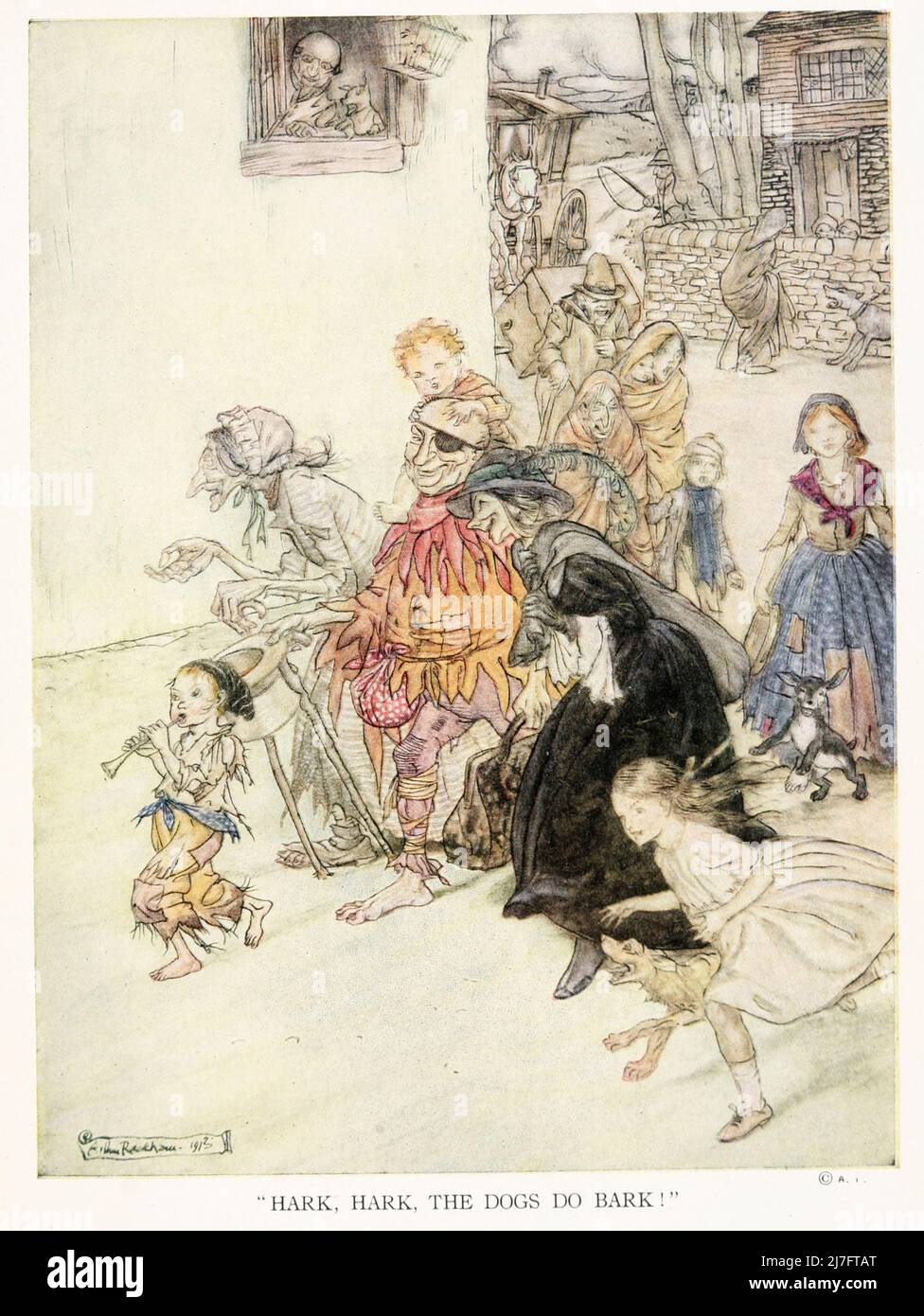 Hark, hark, les chiens aboyent, les mendiants viennent en ville : certains dans les chiffons, et certains dans les tags, et certains dans les robes de velours de ' mère Goose l'ancienne comptine rhymes ' illustré par Arthur Rackham, publié en 1913 Banque D'Images