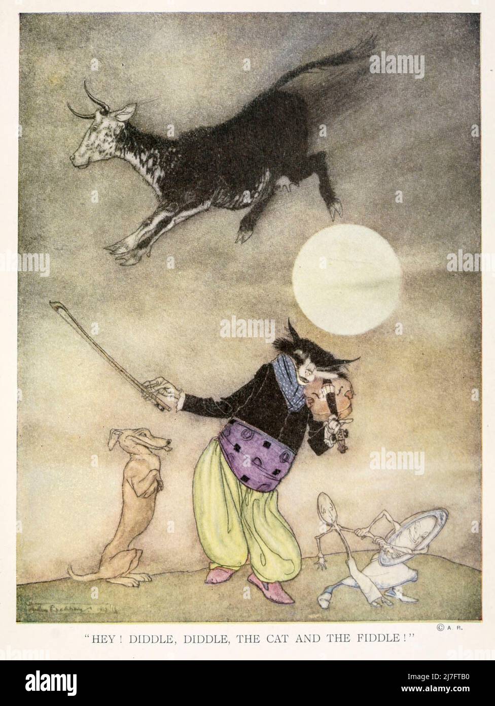 Hé ! diddle, Diddle, le chat et le violon, la vache sauta au-dessus de la lune ; le petit chien rit pour voir ce sport, et le plat s'est enfui avec la cuillère de ' mère Goose l'ancienne comptine rhymes ' illustré par Arthur Rackham, publié en 1913 Banque D'Images