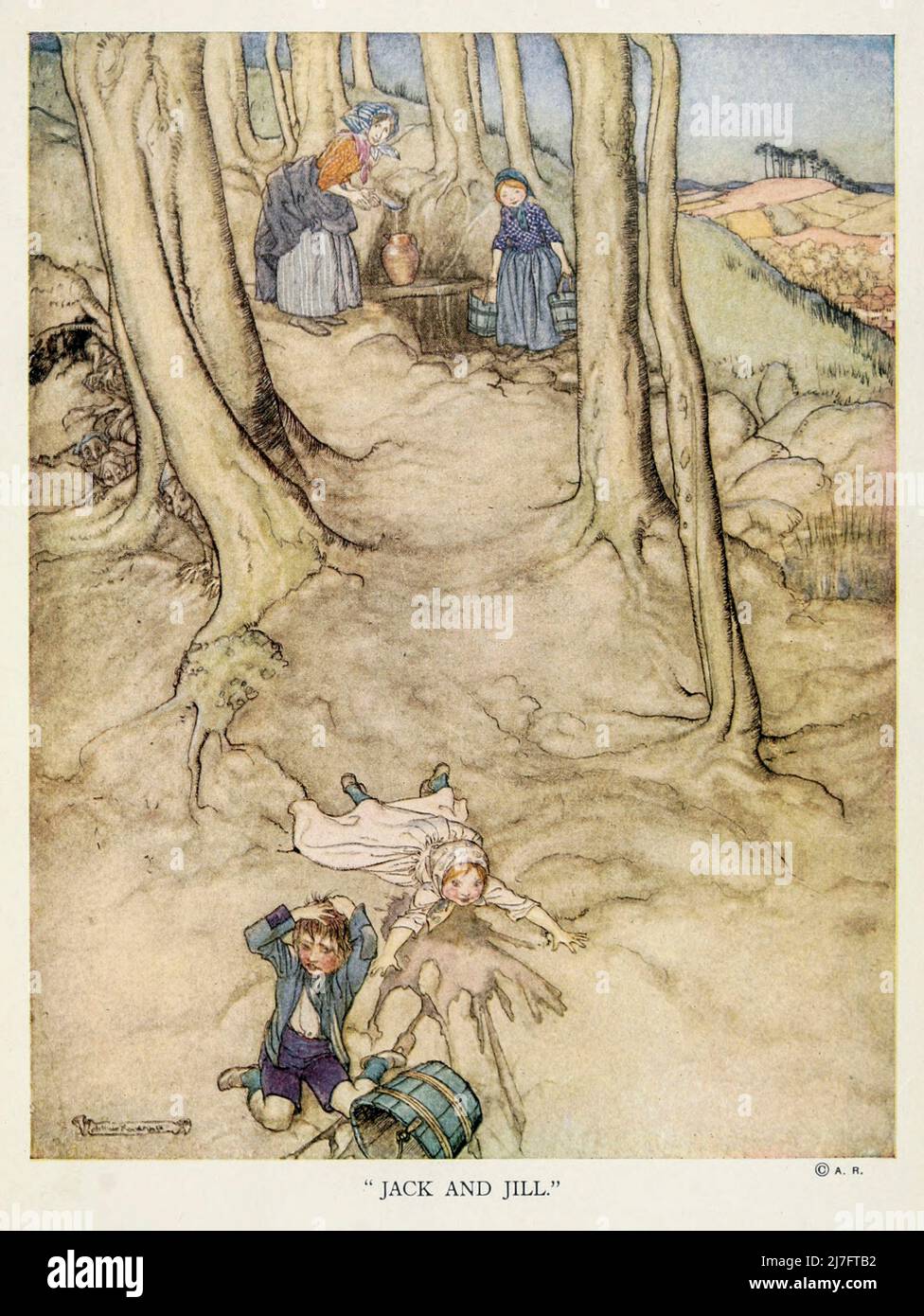 Jack et Jill monta la colline, pour aller chercher un seau d'eau; Jack tomba, et brisa sa couronne, et Jill tomba après de ' mère Goose l'ancienne comptine rhymes ' illustré par Arthur Rackham, publié en 1913 Banque D'Images