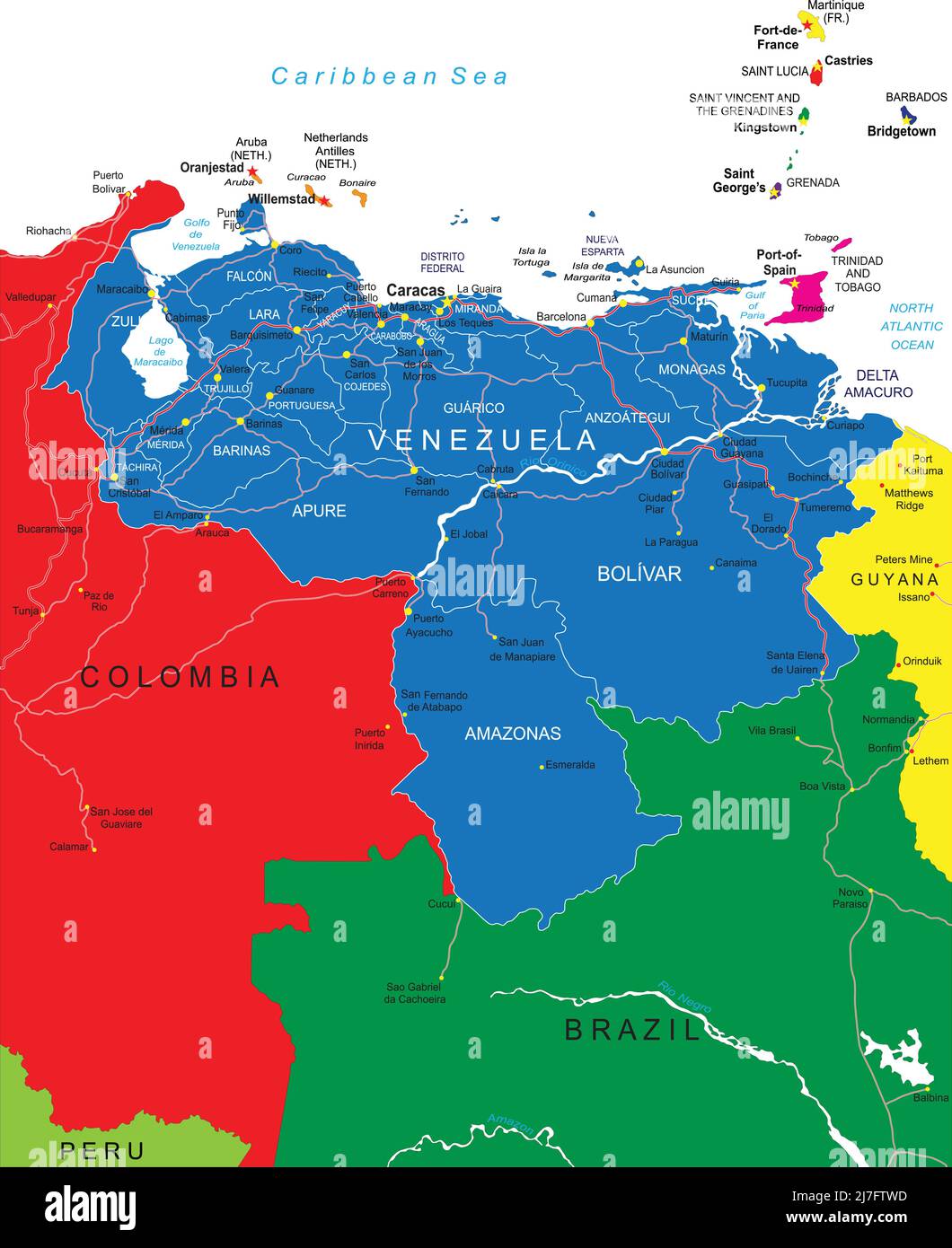 Carte vectorielle très détaillée du Venezuela avec régions administratives, principales villes et routes. Illustration de Vecteur