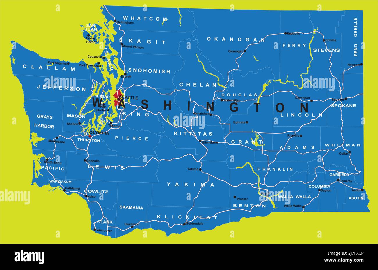 Carte vectorielle très détaillée de l'État de Washington avec comtés, villes principales et routes. Illustration de Vecteur