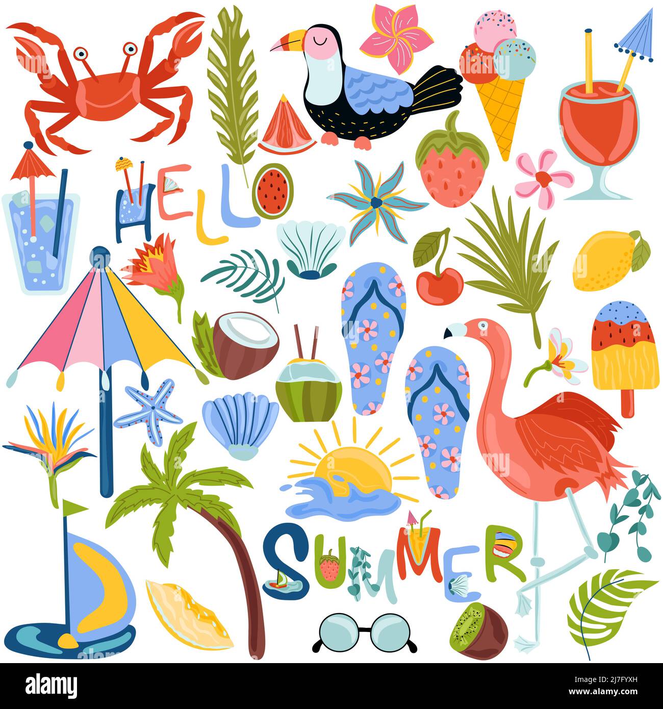 Ensemble d'éléments d'été de feuilles tropicales, palmiers, fruits exotiques, flamants roses, cocktails, toucan et autres. Bonjour lettrage été. Le est parfait pour les cartes postales, scrapbooking, les fêtes de plage. Illustration de Vecteur