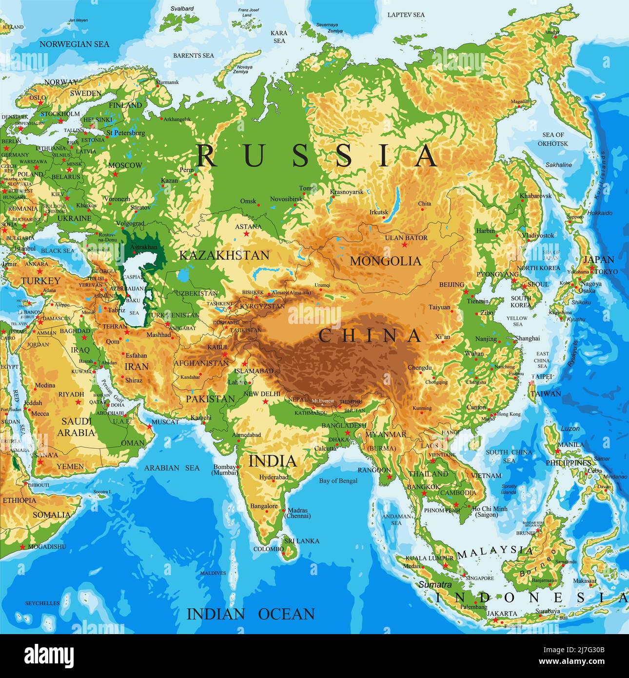 Carte physique très détaillée de l'Asie, en format vectoriel, avec toutes les formes de relief. Illustration de Vecteur