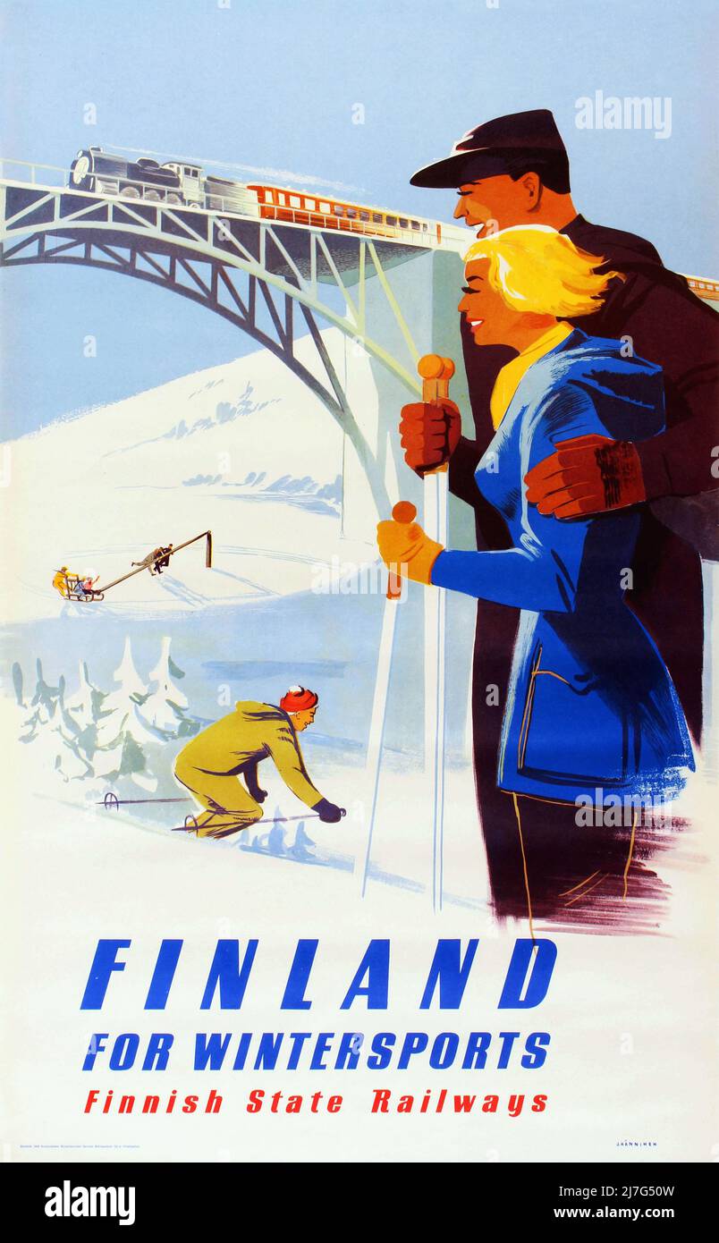 Vintage années 50 Voyage affiche ancienne Finlande pour Wintersports chemins de fer finlandais d'État. Banque D'Images