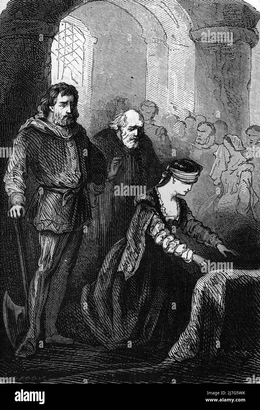 'L'exécution de marie Stuart (1542-1587) au château de Fotheringhay le 8 fevrier 1587' (exécution de Mary Stuart 1587) Grature tiree de 'les mystérieuses du grand monde' de Fulgence Girard Collection privee Banque D'Images