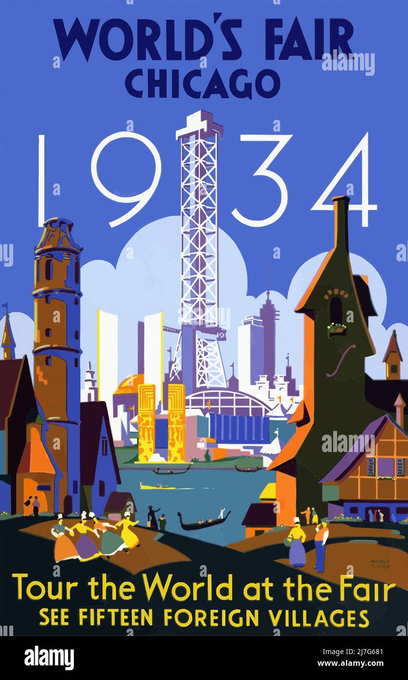 Affiche de voyage vintage 1930s pour la foire mondiale de Chicago 1934 montrant le parc des expositions avec les gratte-ciel de Chicago. Banque D'Images