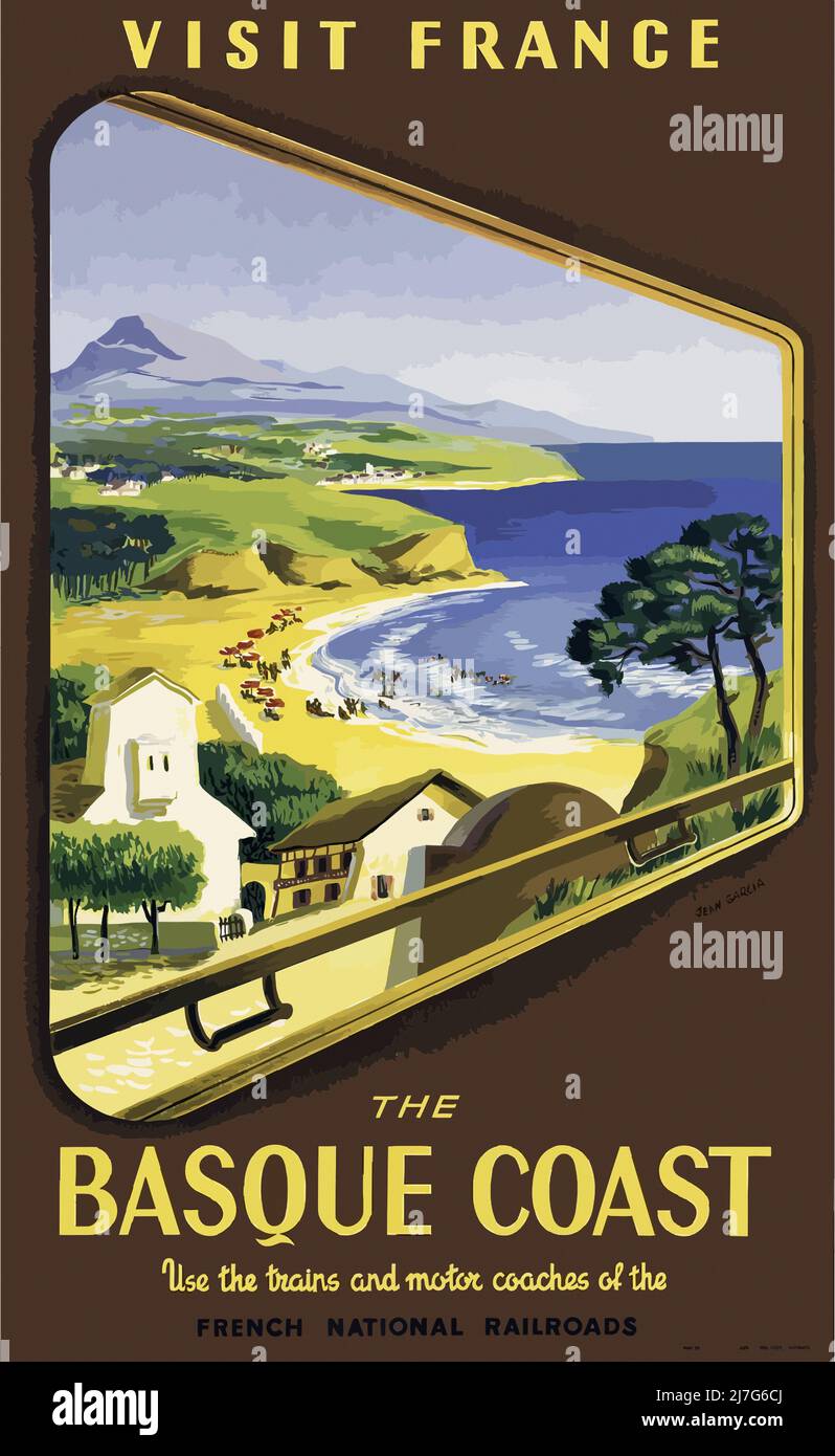Affiche de voyage vintage des années 1950 - Côte Basque chemins de fer nationaux français France Banque D'Images