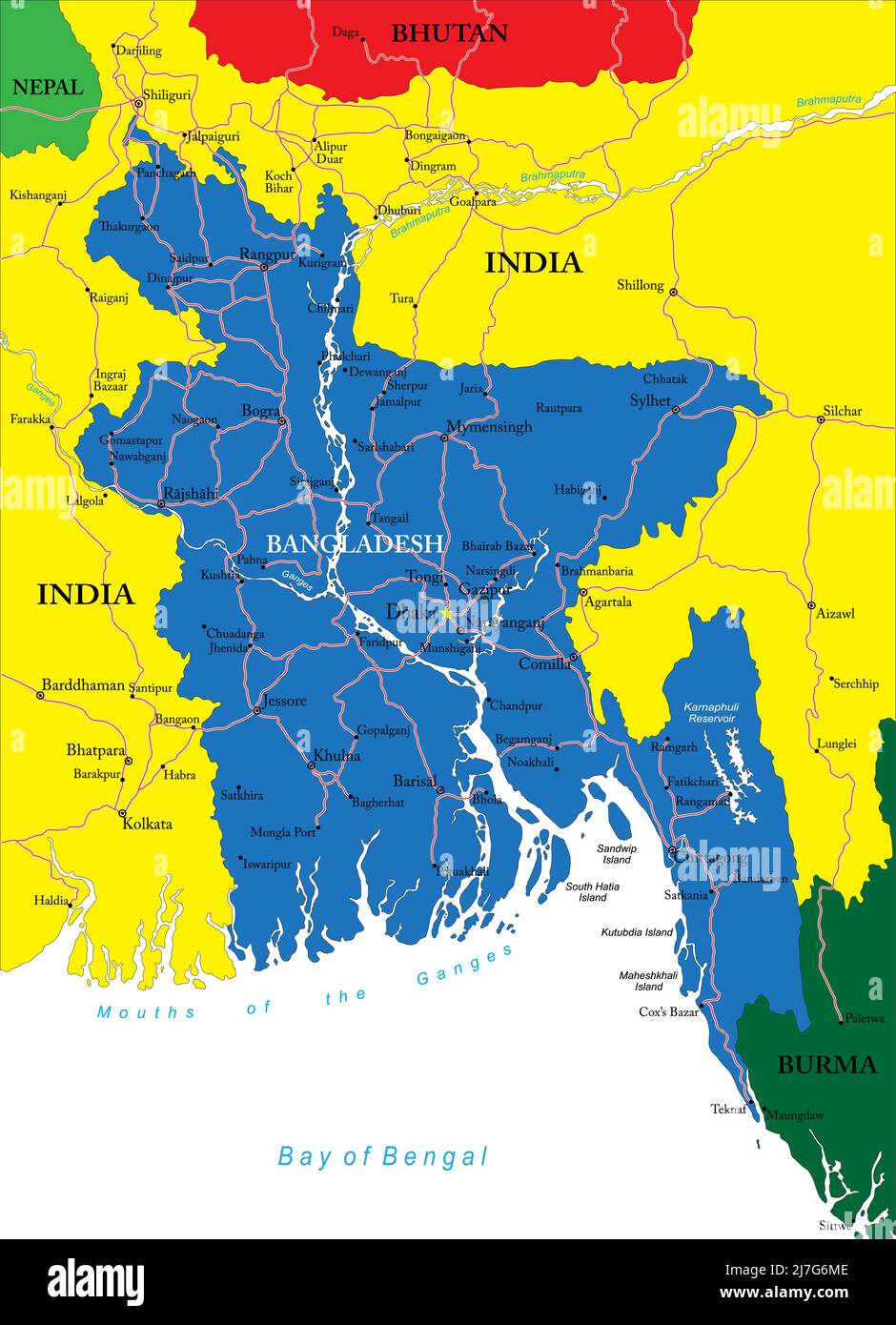 Bangladesh carte vectorielle très détaillée avec régions administratives, principales villes et routes. Illustration de Vecteur