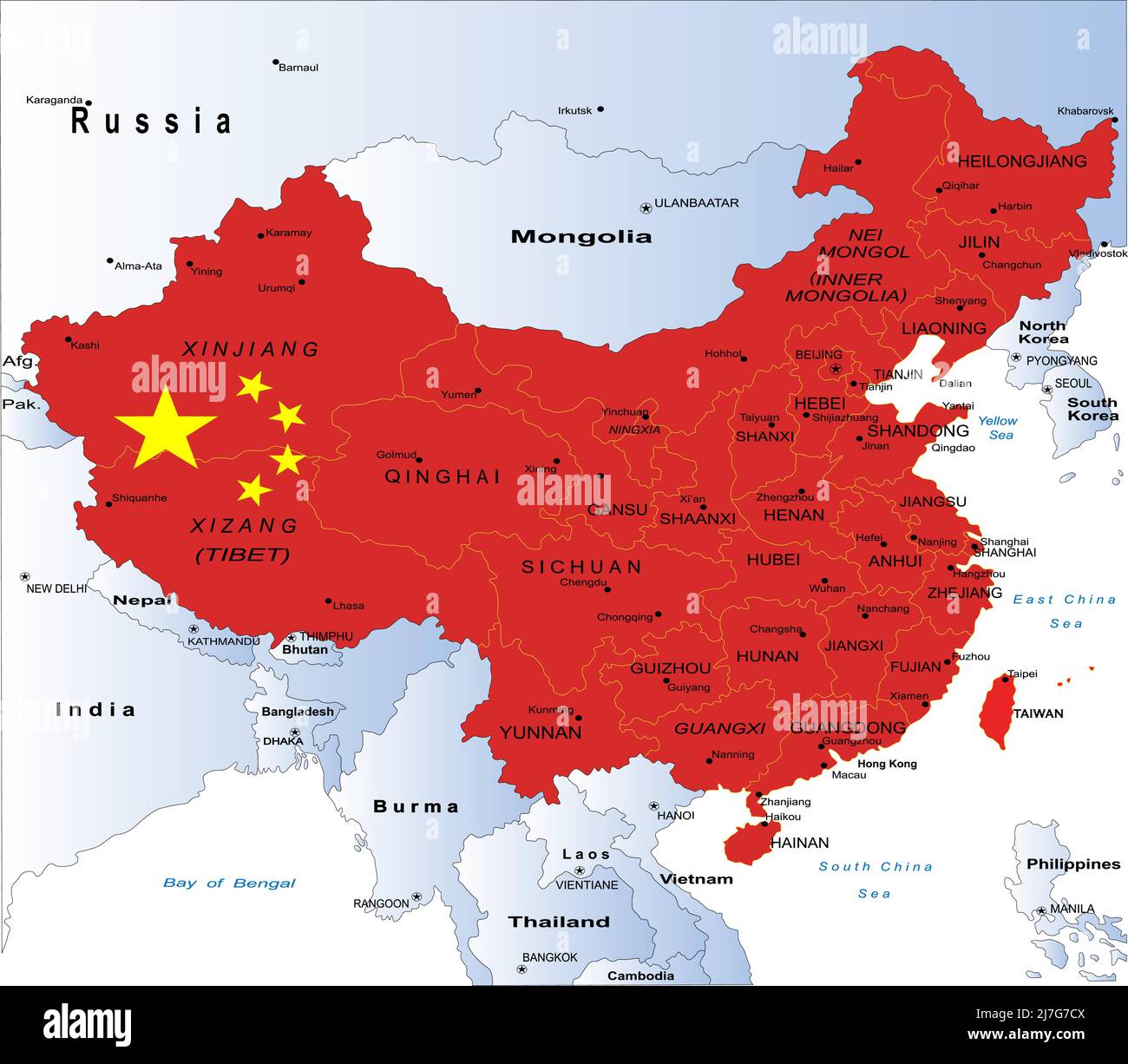 Carte très détaillée de la Chine avec toutes les régions et les principales villes Illustration de Vecteur