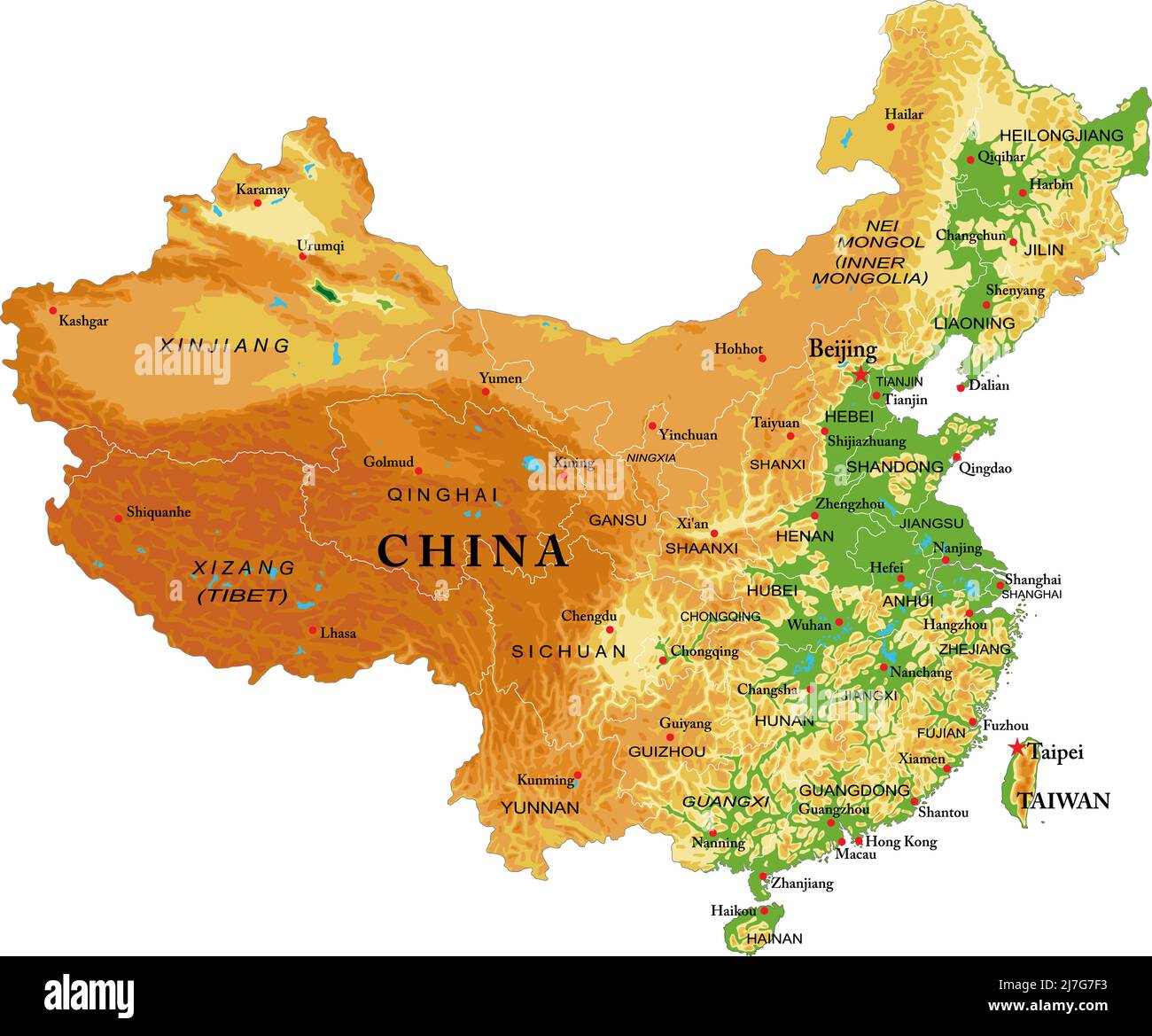 Carte physique très détaillée de la Chine, au format vectoriel, avec toutes les formes de relief, les États et les grandes villes. Illustration de Vecteur