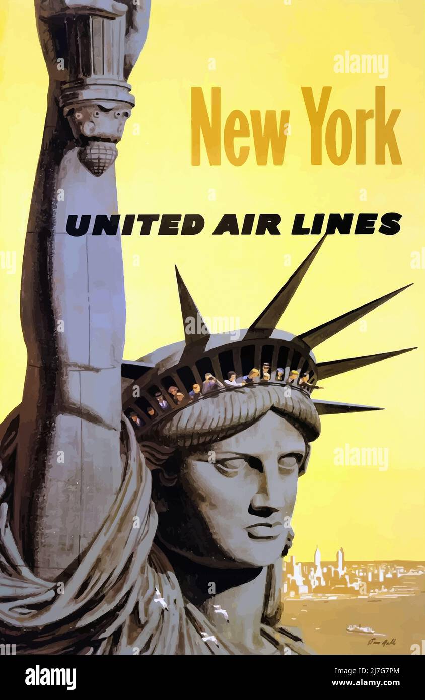 Affiche de voyage vintage des années 1950 - United Airlines - New York - 1950s Banque D'Images