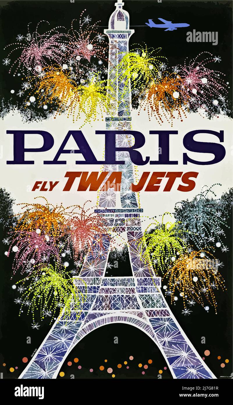Vintage 1960s Travel Poster Fly TWA, à Paris, TWA – Trans World Airlines. Affiche haute résolution. Banque D'Images