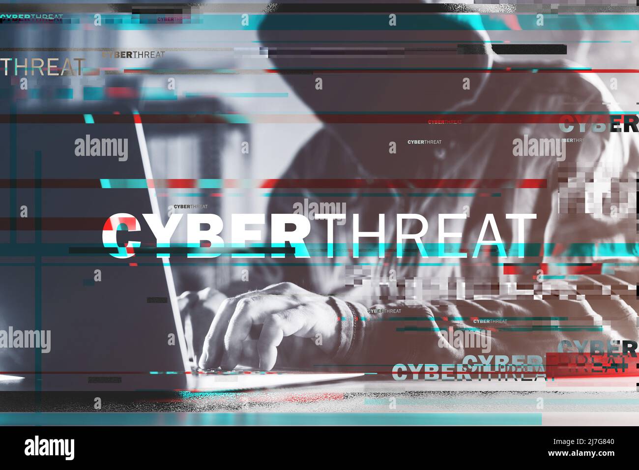 Cyber-menace, piratage informatique et ordinateur portable avec effet de grésil, image modifiée numériquement avec une mise au point sélective Banque D'Images