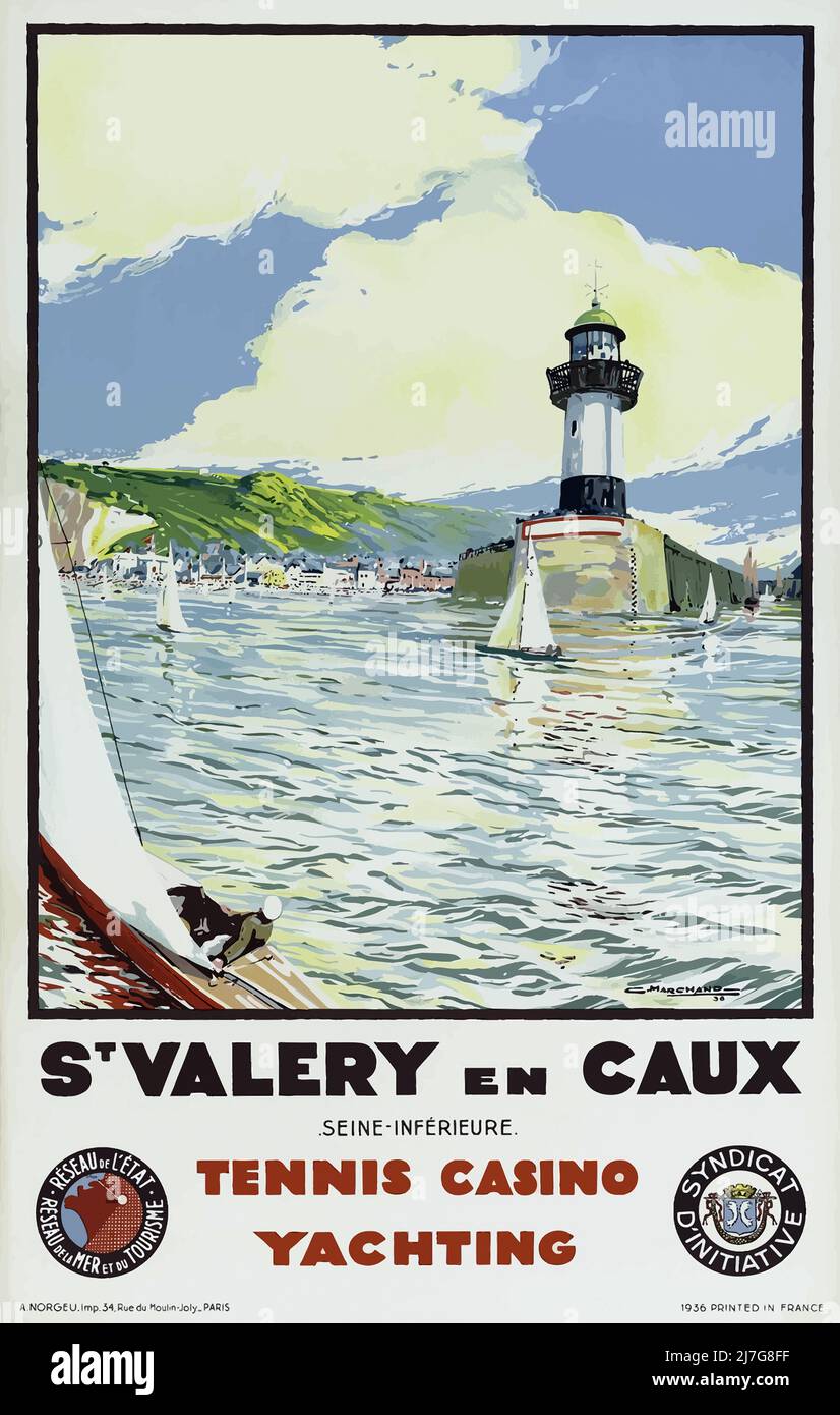 Vintage 1930s French Travel Poster - St Valery en Caux, tennis, Casiono, Yachting Banque D'Images