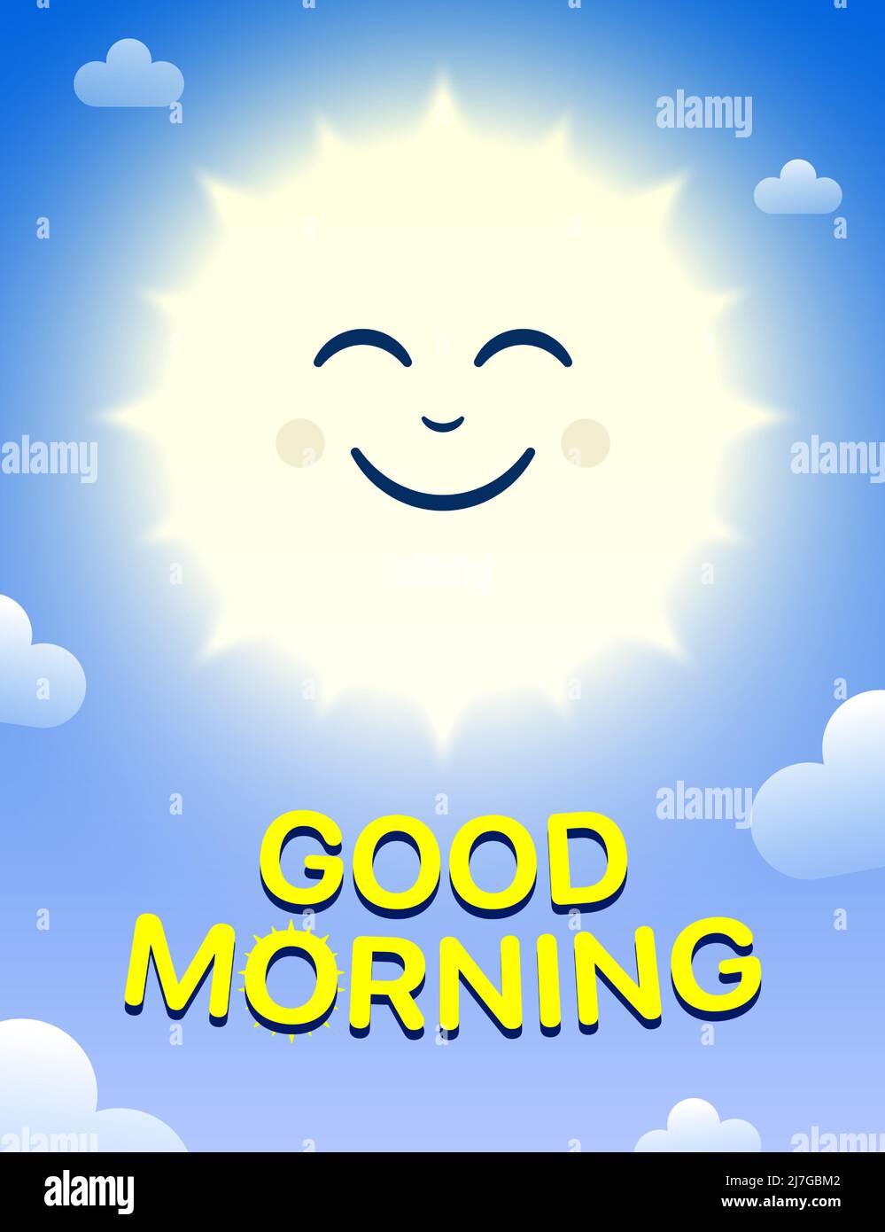 Bonne matinée joyeuse dessin vectoriel avec un personnage de dessin animé de soleil heureux sur fond bleu ciel avec des nuages blancs. Illustration de Vecteur