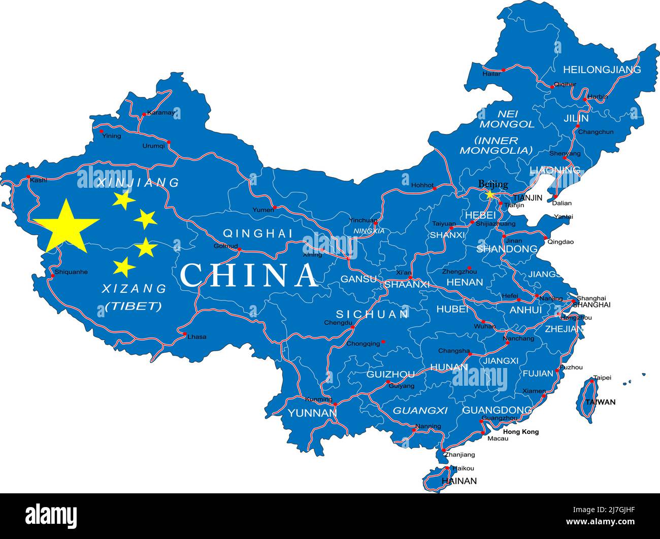 Chine carte très détaillée avec toutes les différentes régions, routes et principales villes Illustration de Vecteur
