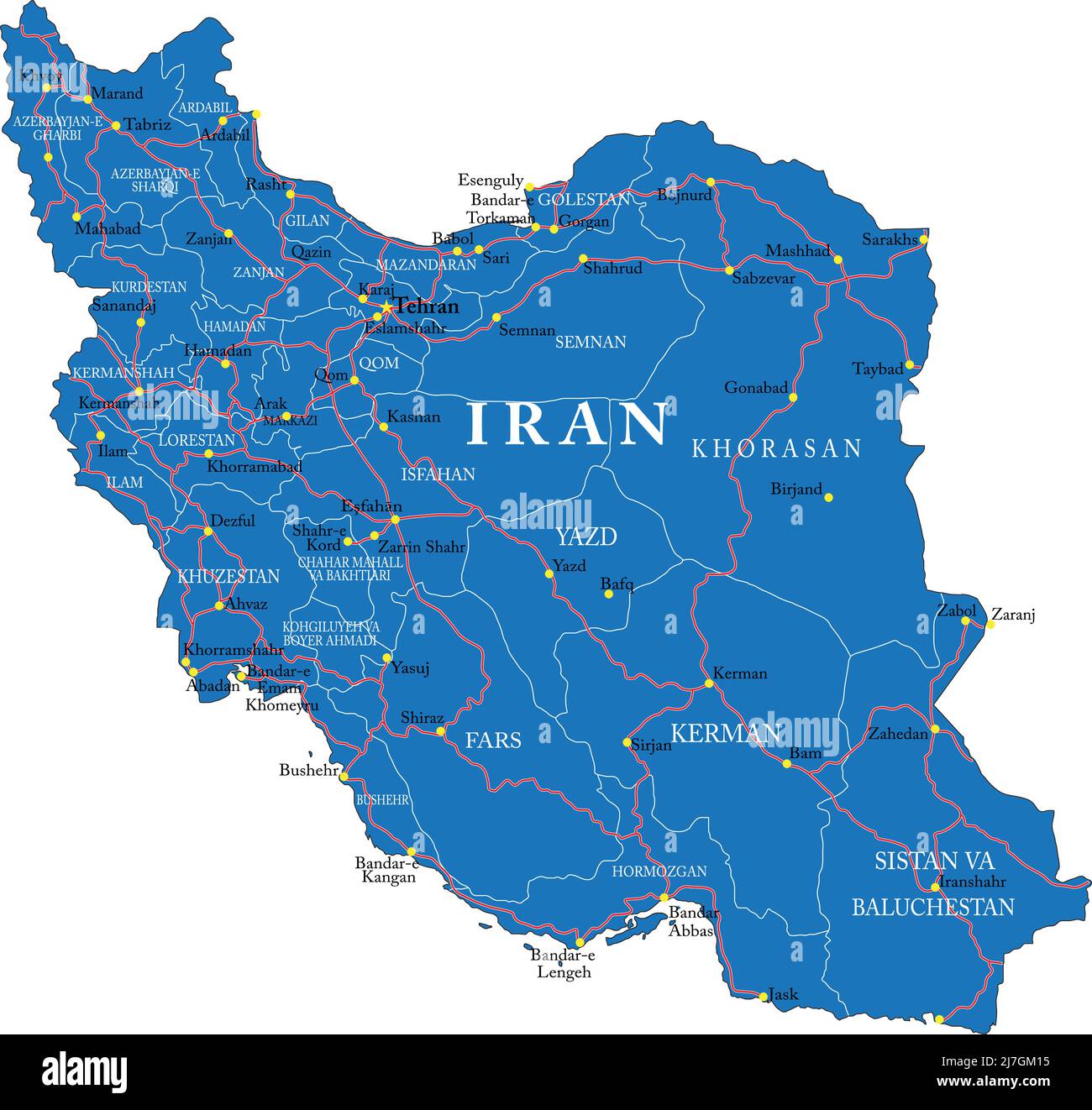 Iran carte vectorielle très détaillée avec régions administratives, principales villes et routes. Illustration de Vecteur