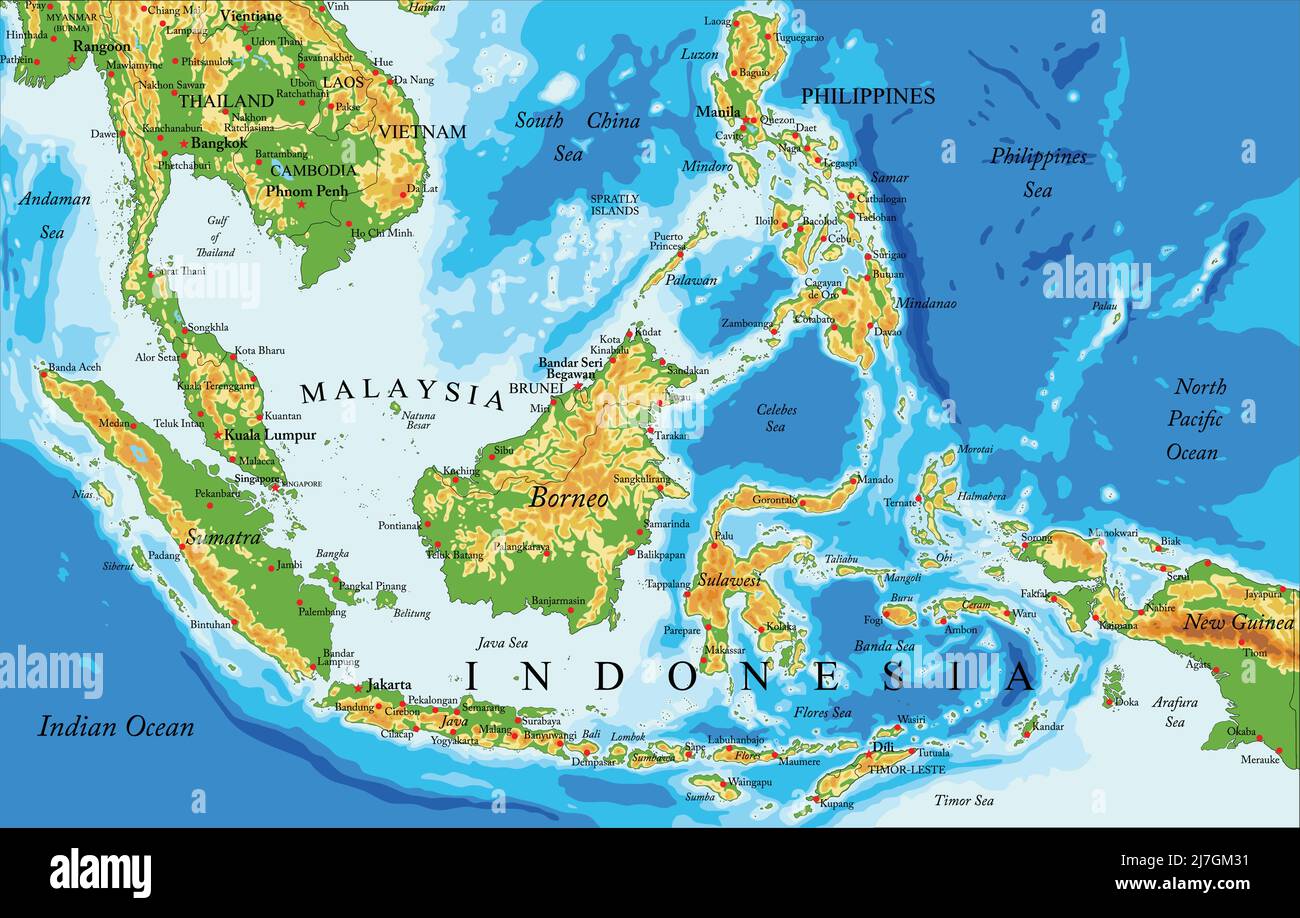 Carte physique très détaillée de l'Indonésie , en format vectoriel, avec toutes les formes de secours, les pays et les grandes villes Illustration de Vecteur