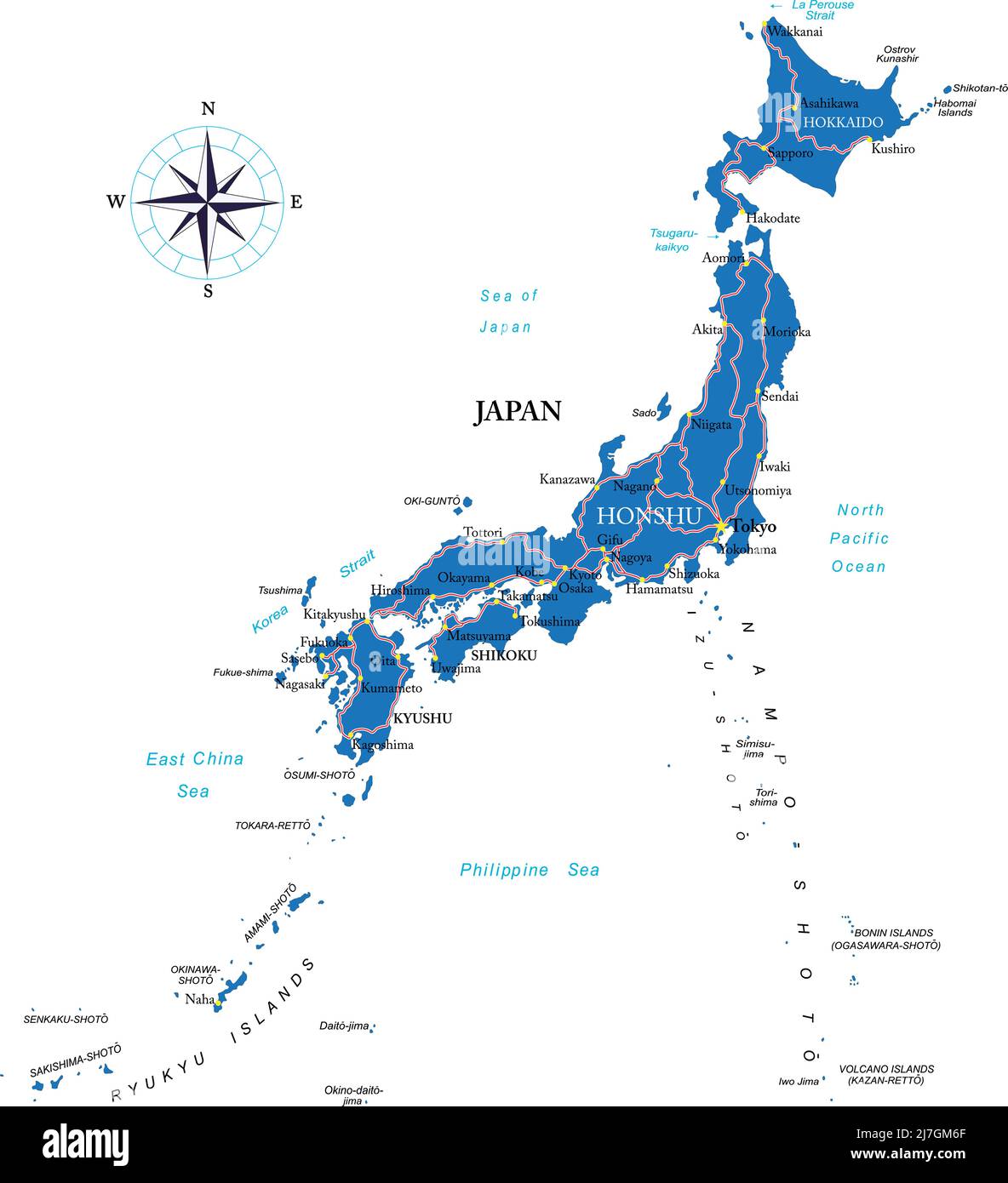 Carte vectorielle très détaillée du Japon avec régions administratives, principales villes et routes. Illustration de Vecteur