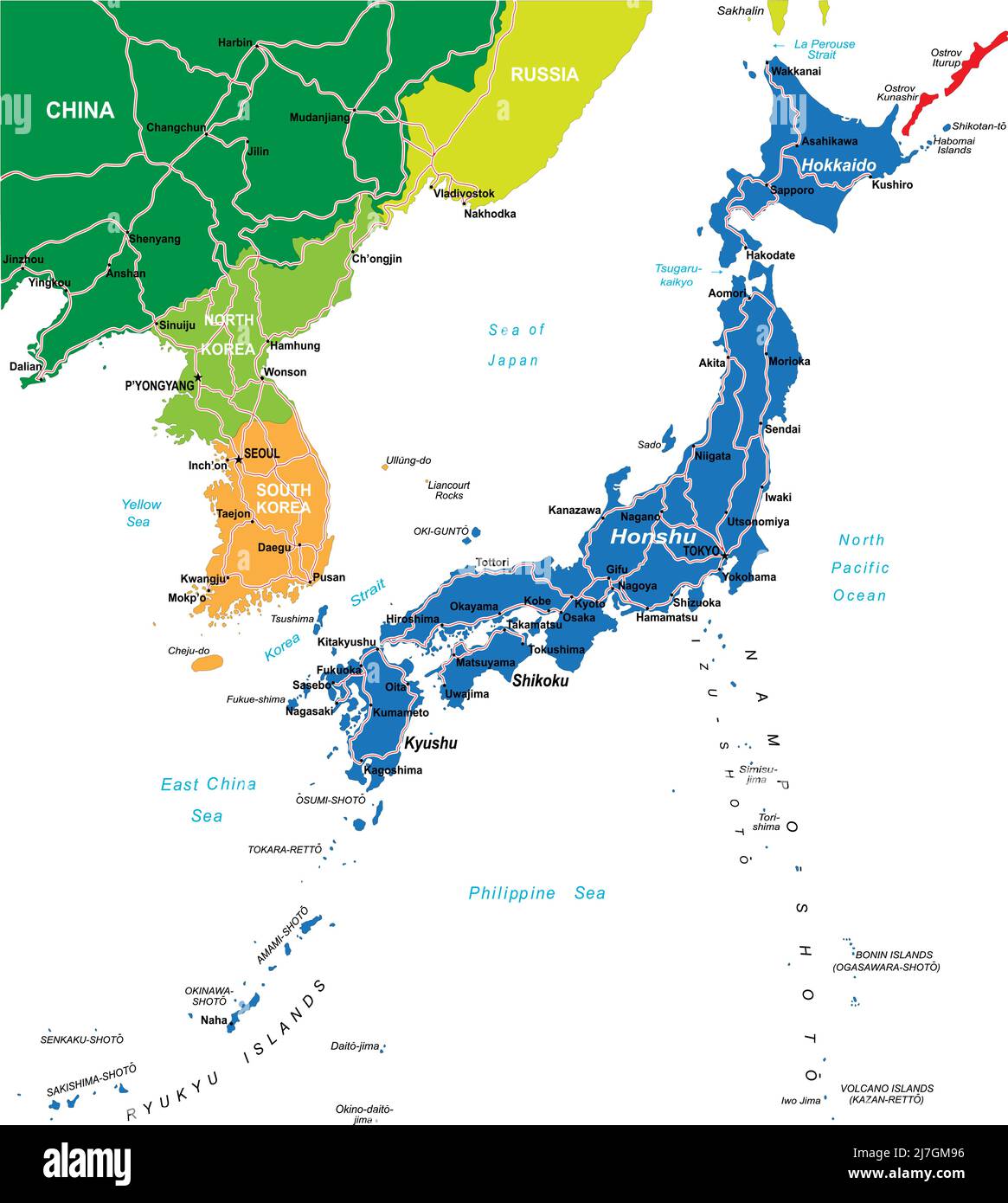 Japon carte vectorielle très détaillée avec les principales villes et routes. Illustration de Vecteur