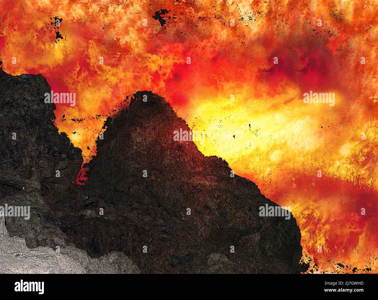 Art numérique : rochers en premier plan, flammes / feu d'explosion, volcan, éruption volcanique, feux de porte d'enfer, inferno couverture de livre d'art de concept éditorial Banque D'Images