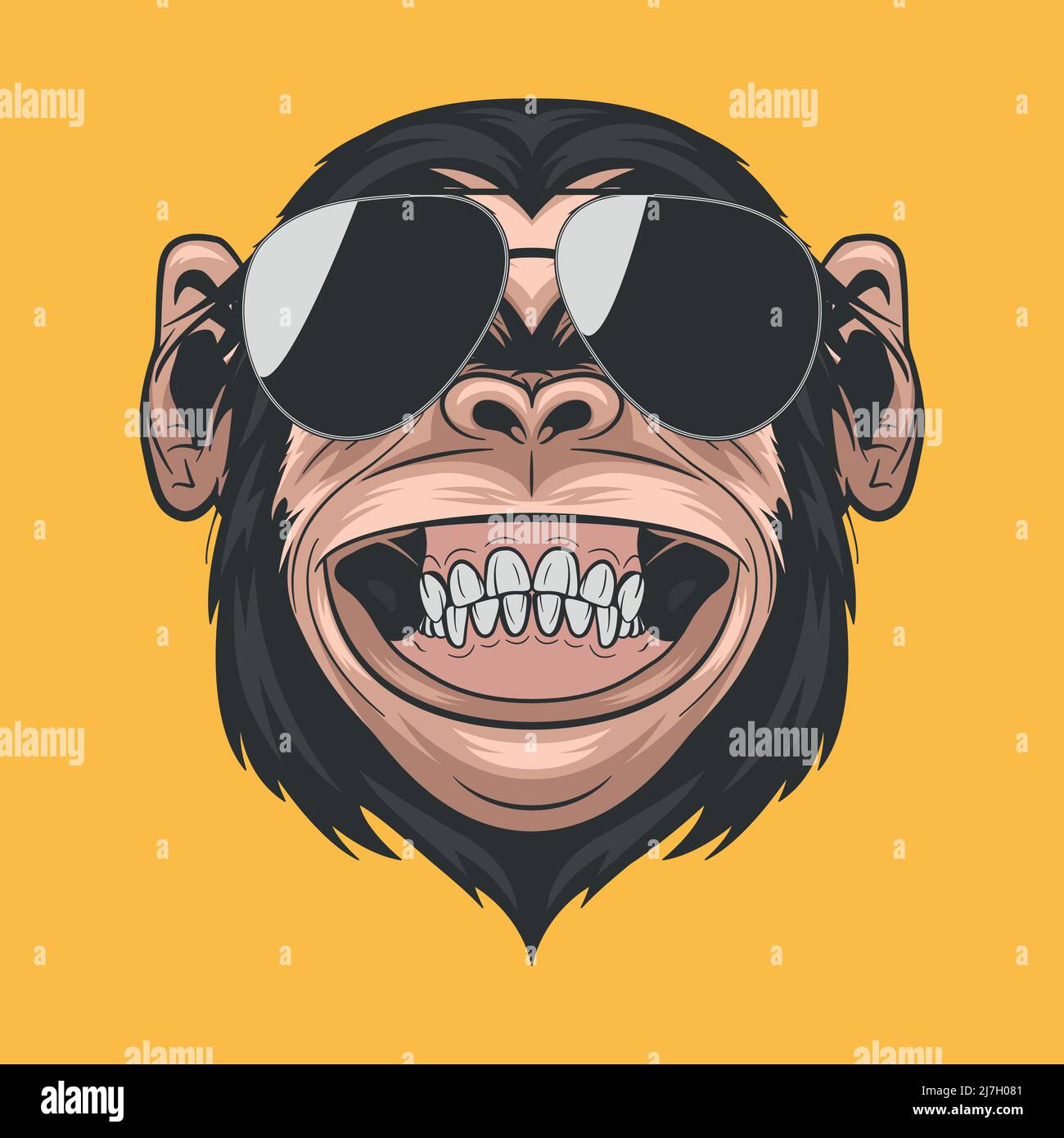 Vector fait main sourire Chimpanzee APE avec lunettes de soleil. Tête de singe drôle et abstraite colorée pour l'art mural, imprimé T-shirt, affiche. Dessin animé mignonne cheminée Illustration de Vecteur