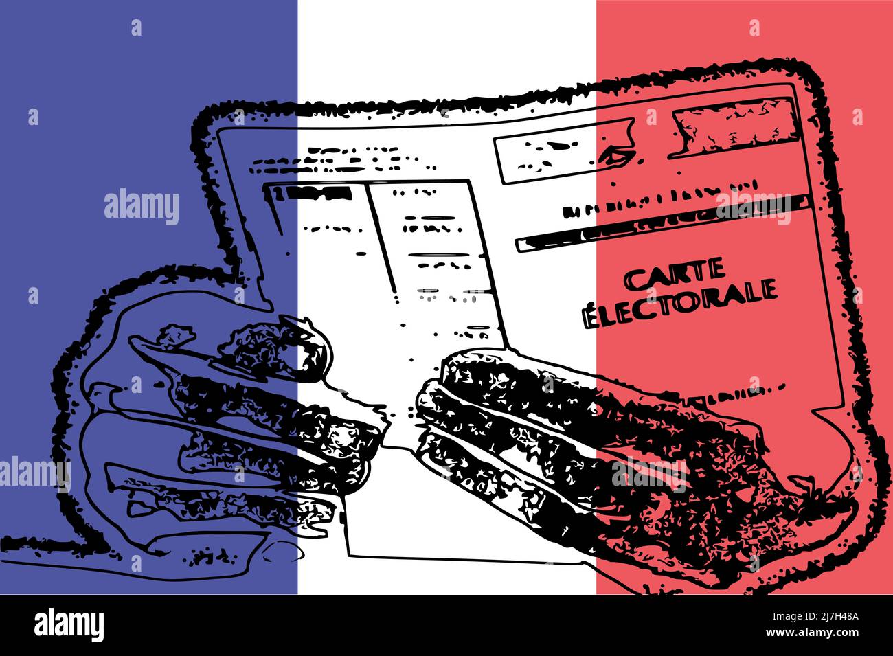 Une personne présente sa carte électorale qui prouve son inscription sur la liste électorale de la municipalité. En arrière-plan le drapeau du R français Banque D'Images