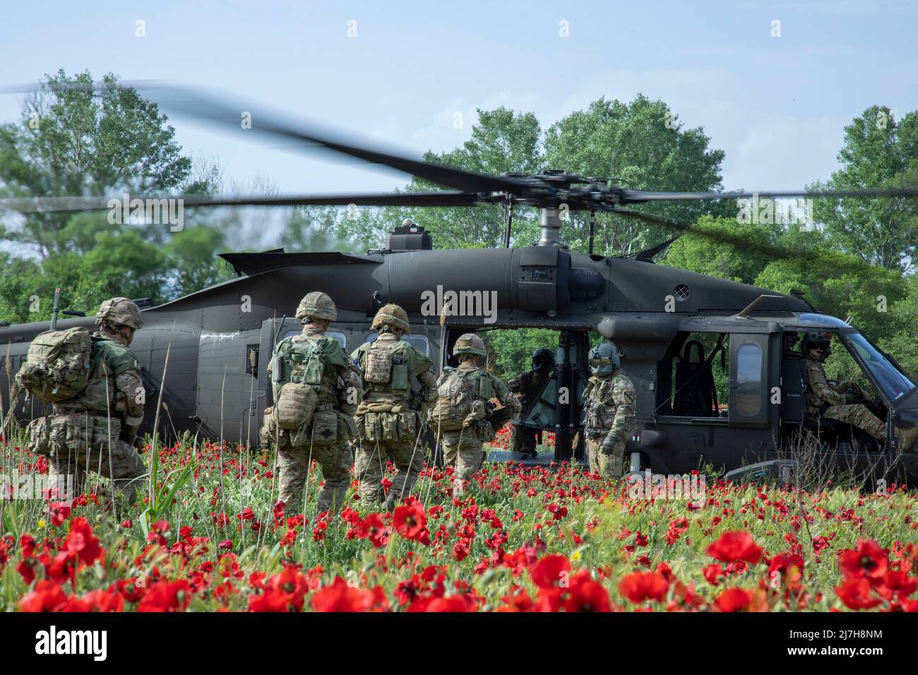 Krivolak, Nord, Macédoine. 08th mai 2022. Des soldats britanniques affectés à l'équipe de combat de la Brigade d'assaut aérienne de 16th chargent dans un hélicoptère de la Brigade de cavalerie aérienne américaine de 1st UH-60 Blackhawk dans un champ de coquelicots rouges pour une mission d'entraînement d'assaut aérien pendant l'exercice Swift Response, au Centre d'entraînement militaire de Krivolak, le 8 mai 2022 à Krivolak, Macédoine du Nord. Crédit : Sgt. Jason Greaves/Armée des États-Unis/Alamy Live News Banque D'Images