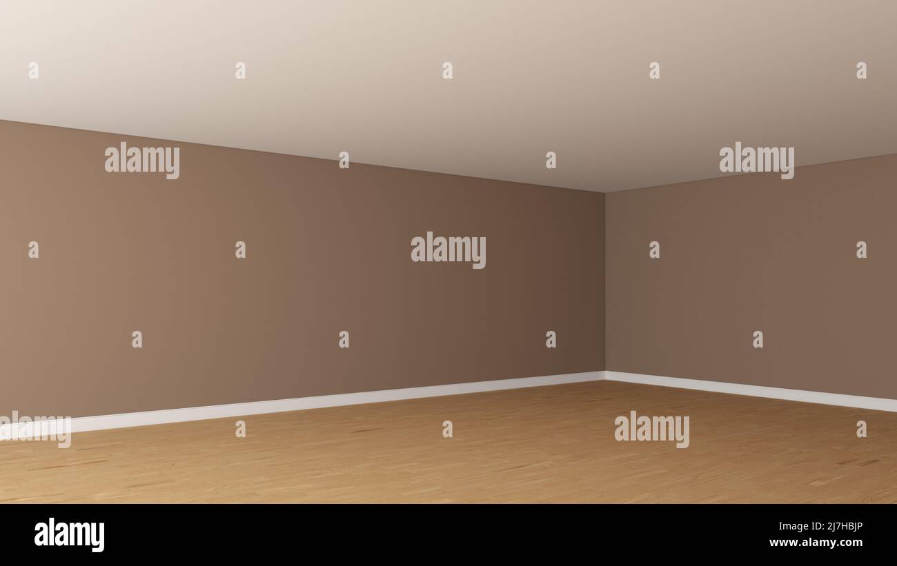 Coin intérieur avec murs marron clair, plafond blanc, parquet clair et un Plinth blanc. Chambre vide non meublée. Vue en perspective. Rendu 3D, Ultra HD 8K, 7680x4320, 300 dpi Banque D'Images