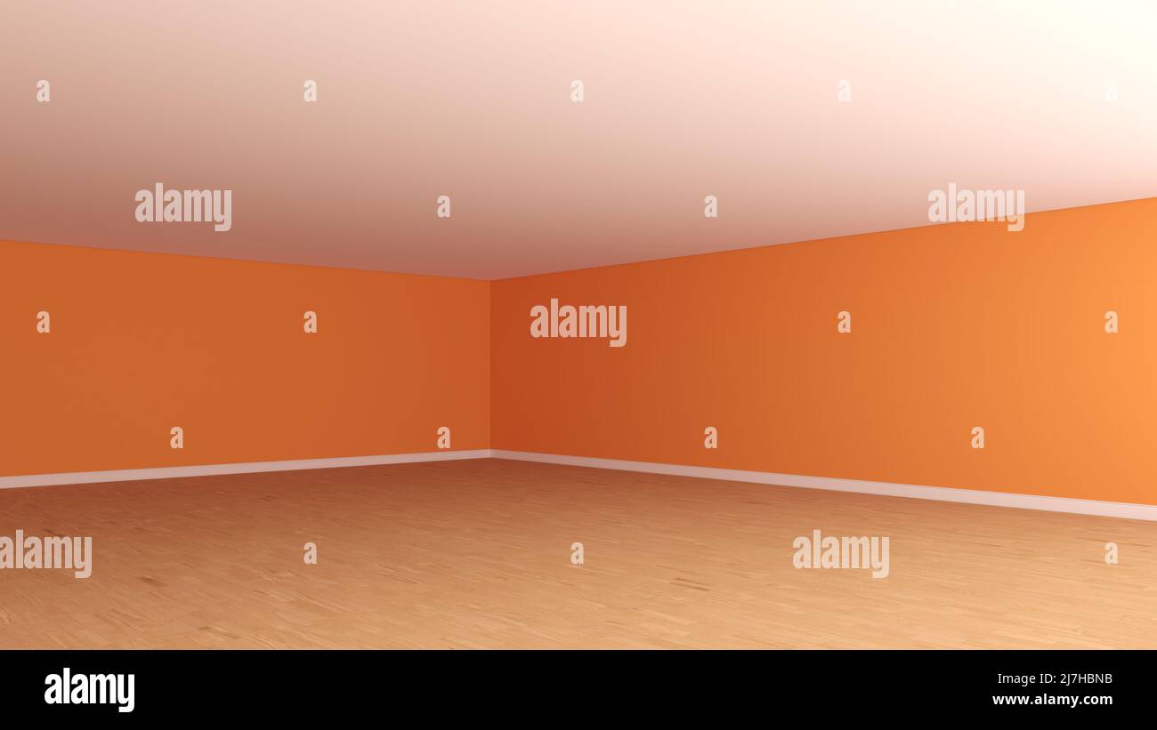 Coin intérieur avec murs orange, plafond blanc, parquet clair et Plinth blanc. Chambre vide non meublée. Vue en perspective. 3D illustration, Ultra HD 8K, 7680x4320, 300 dpi Banque D'Images