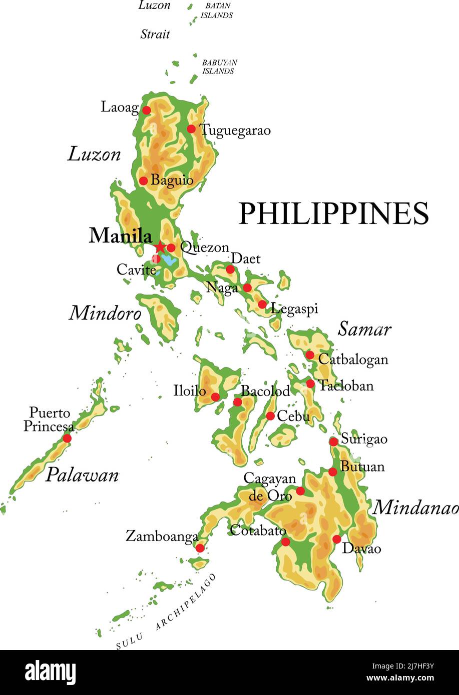 Carte physique très détaillée des Philippines, en format vectoriel, avec toutes les formes de secours, les régions et les grandes villes. Illustration de Vecteur