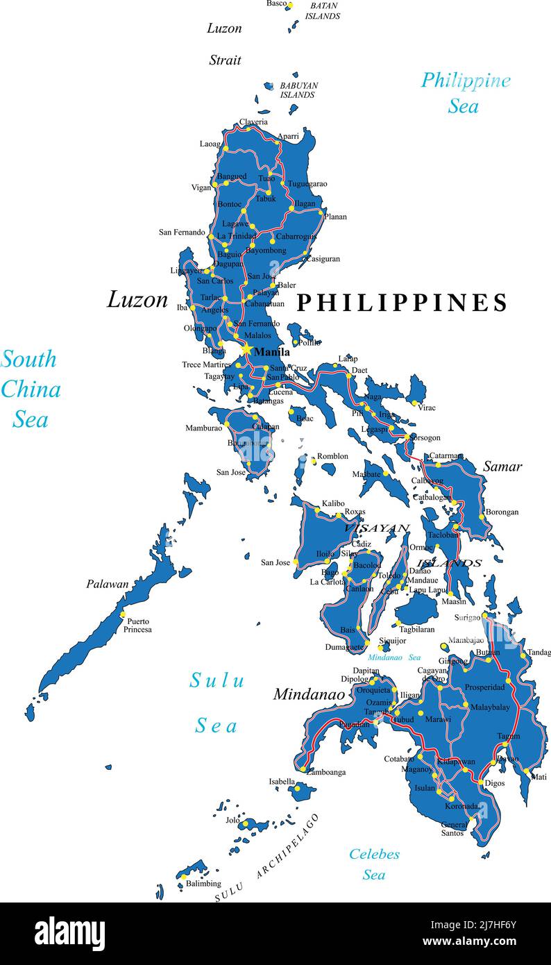 Philippines carte vectorielle très détaillée avec les principales régions, villes et routes Illustration de Vecteur