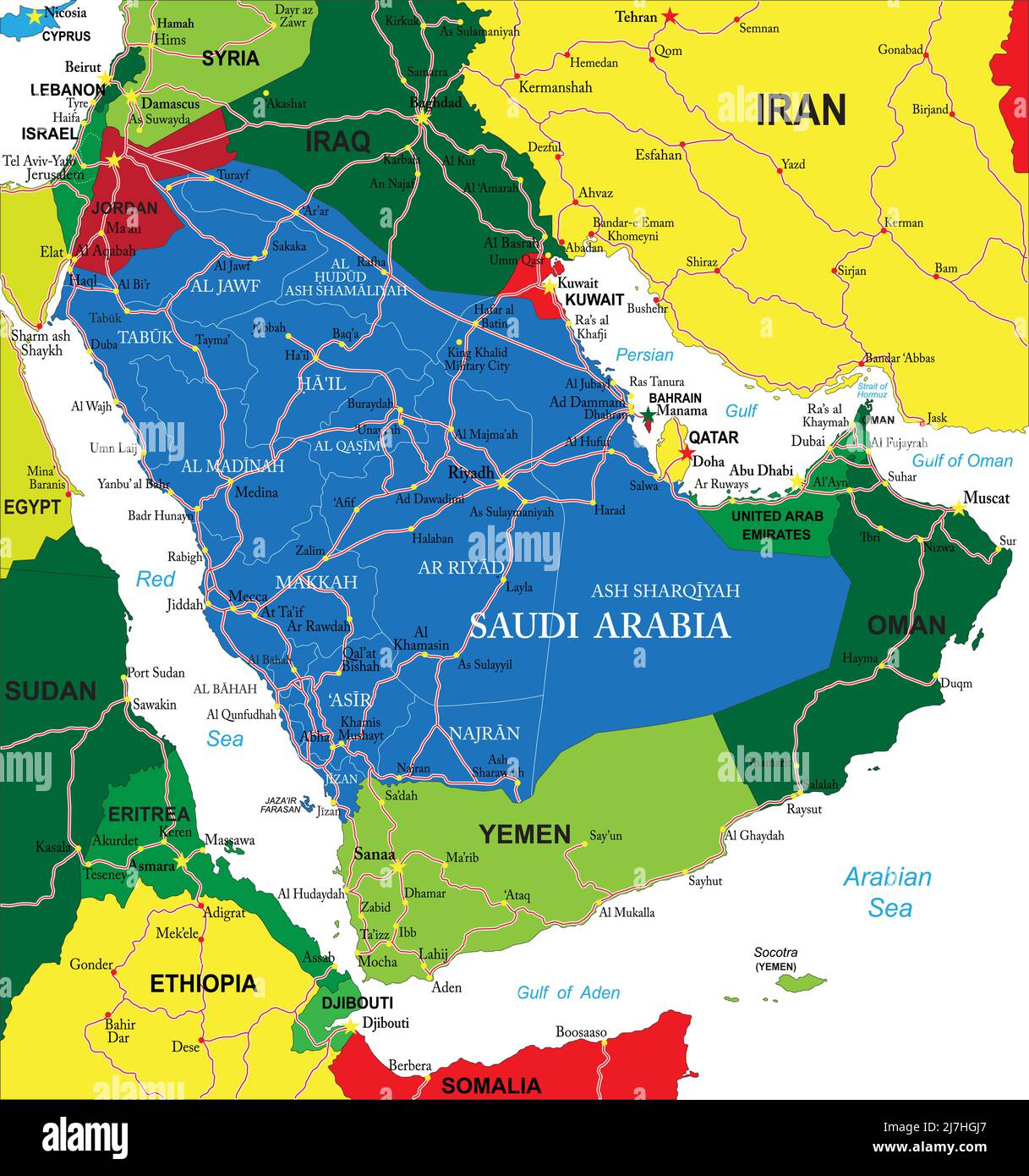 Carte vectorielle très détaillée de l'Arabie saoudite avec régions administratives, principales villes et routes. Illustration de Vecteur