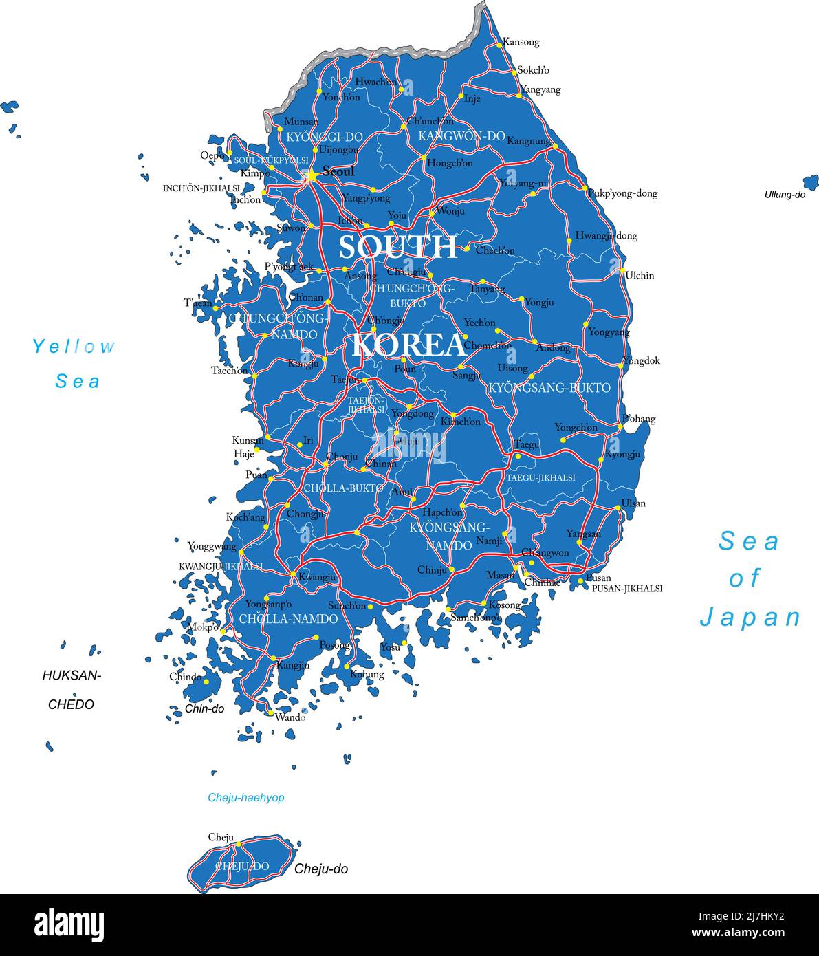Carte vectorielle très détaillée de la Corée du Sud avec régions administratives, principales villes et routes. Illustration de Vecteur