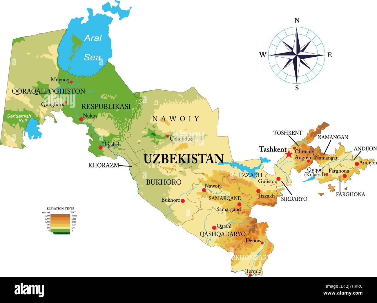 Carte physique très détaillée de l'Ouzbékistan, en format vectoriel, avec toutes les formes de secours, les régions et les grandes villes. Illustration de Vecteur