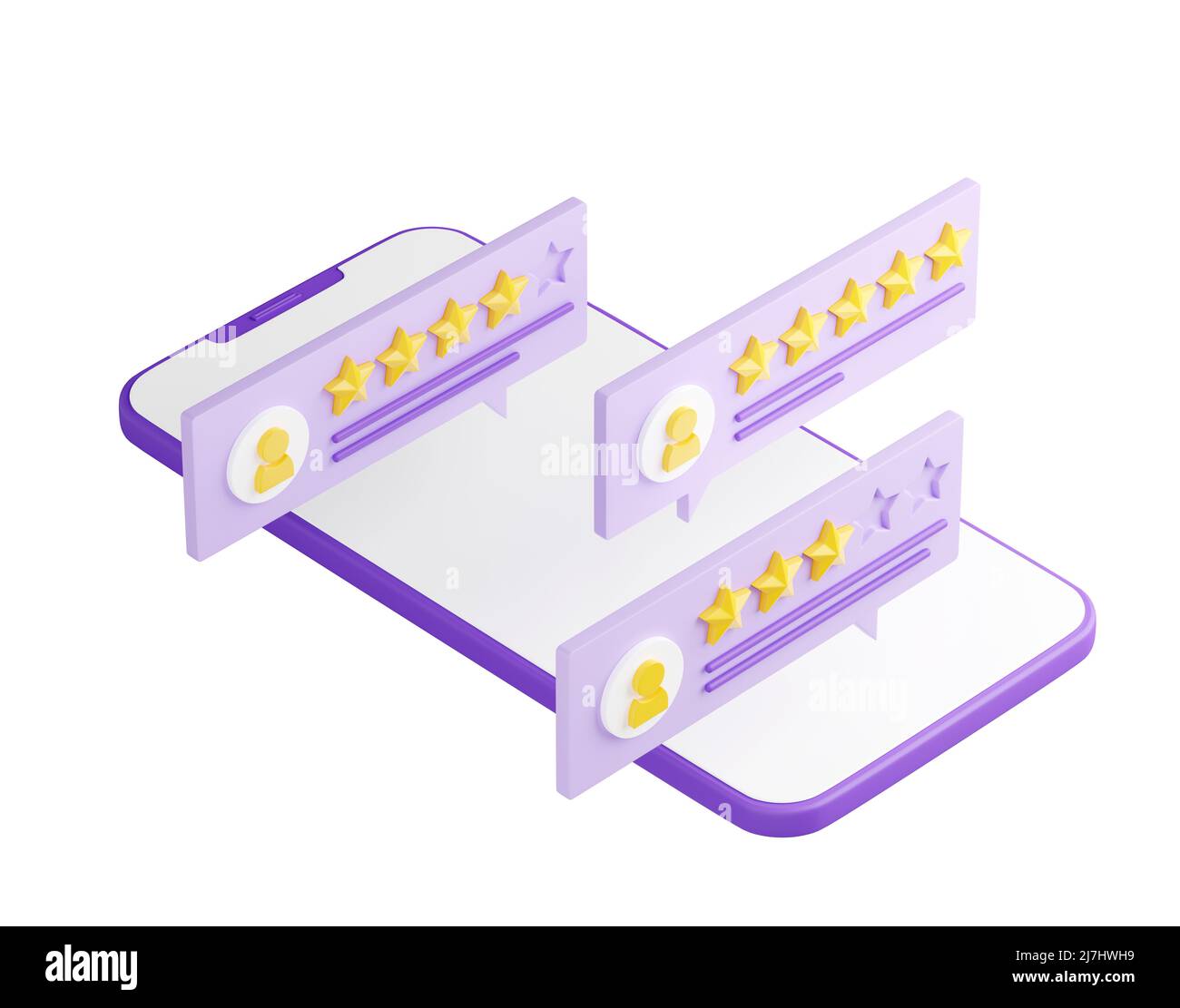 Illustration du rendu de l'avis du client 3D - téléphone mobile violet avec notation et commentaire sur la bulle de la parole. Évaluation de l'expérience utilisateur dans Personal a Banque D'Images