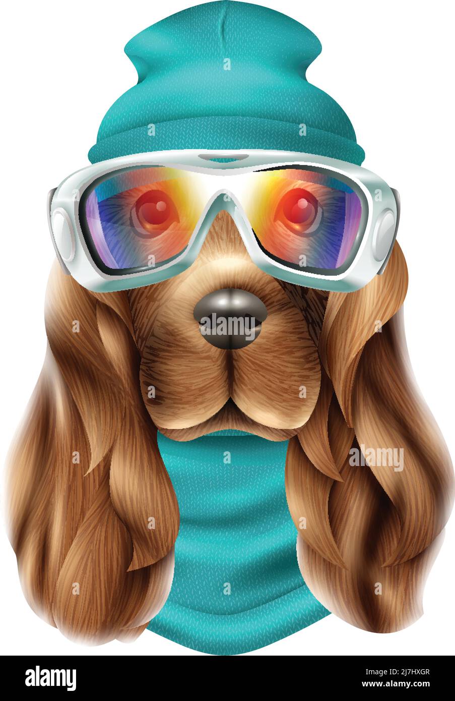 Costume de ski coloré réaliste pour chien de spaniel portrait avec animal mignon et illustration vectorielle de l'équipement de snowboard Illustration de Vecteur