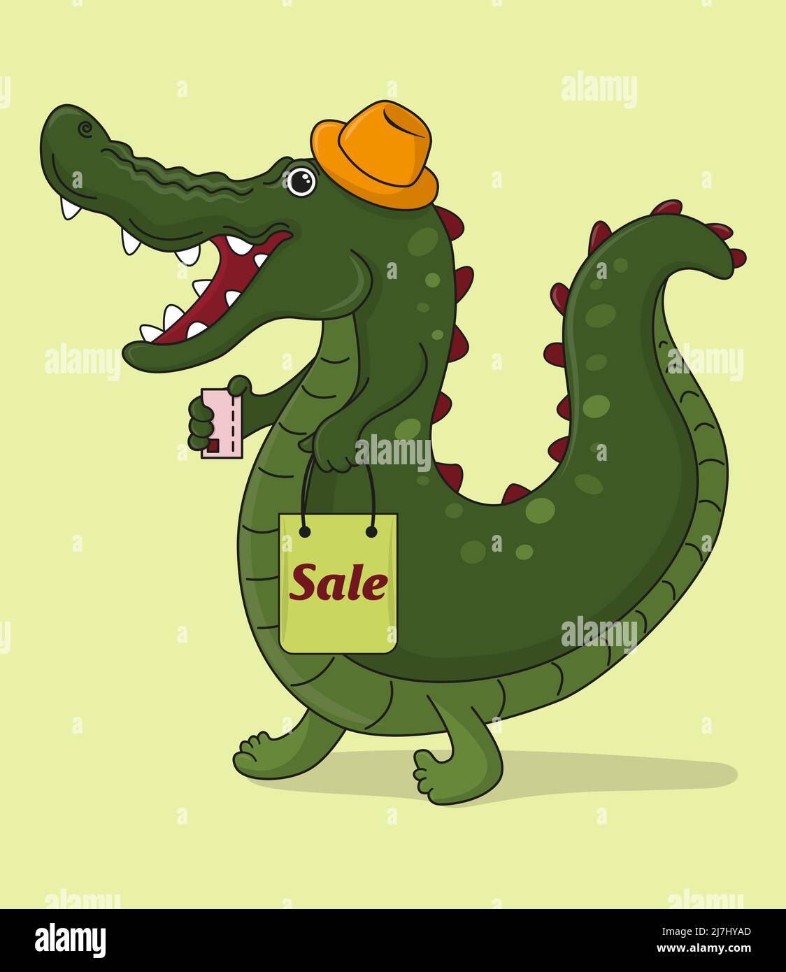 Dessin animé crocodile avec carte de crédit et shopping Illustration de Vecteur