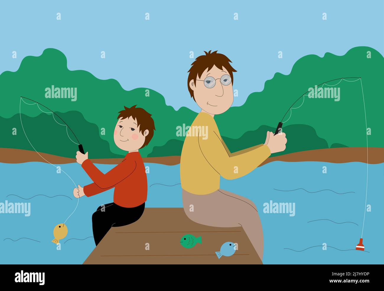 Papa et fils pêchant sur le lac Illustration de Vecteur