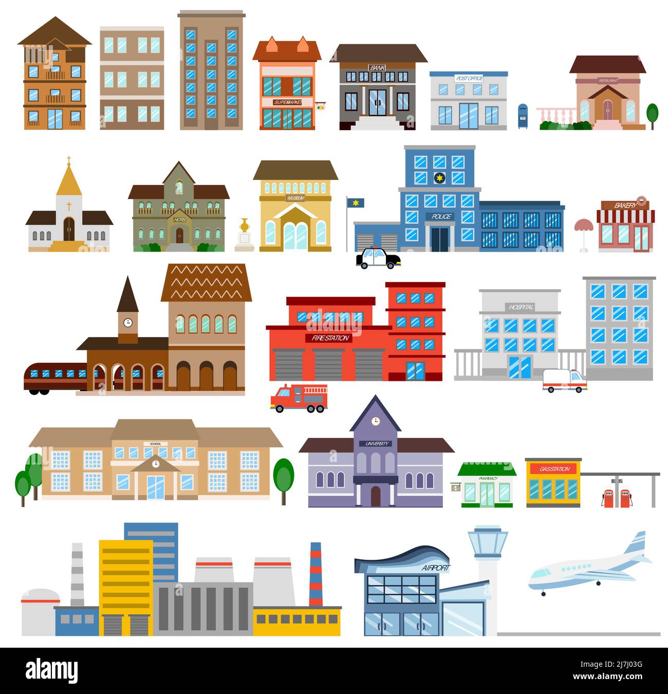 Ensemble de bâtiments municipaux et de maisons urbaines Illustration de Vecteur