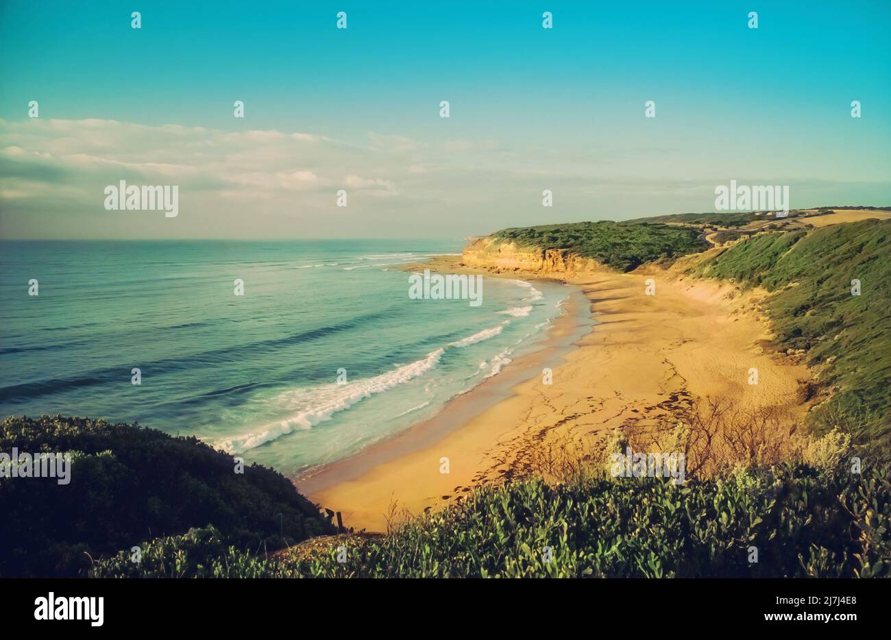 Vue d'ensemble de Bells Beach, Torquay, Surf Coast, Great Ocean Road, Victoria, Australie, site du concours de surf RIP Curl Pro annuel Banque D'Images
