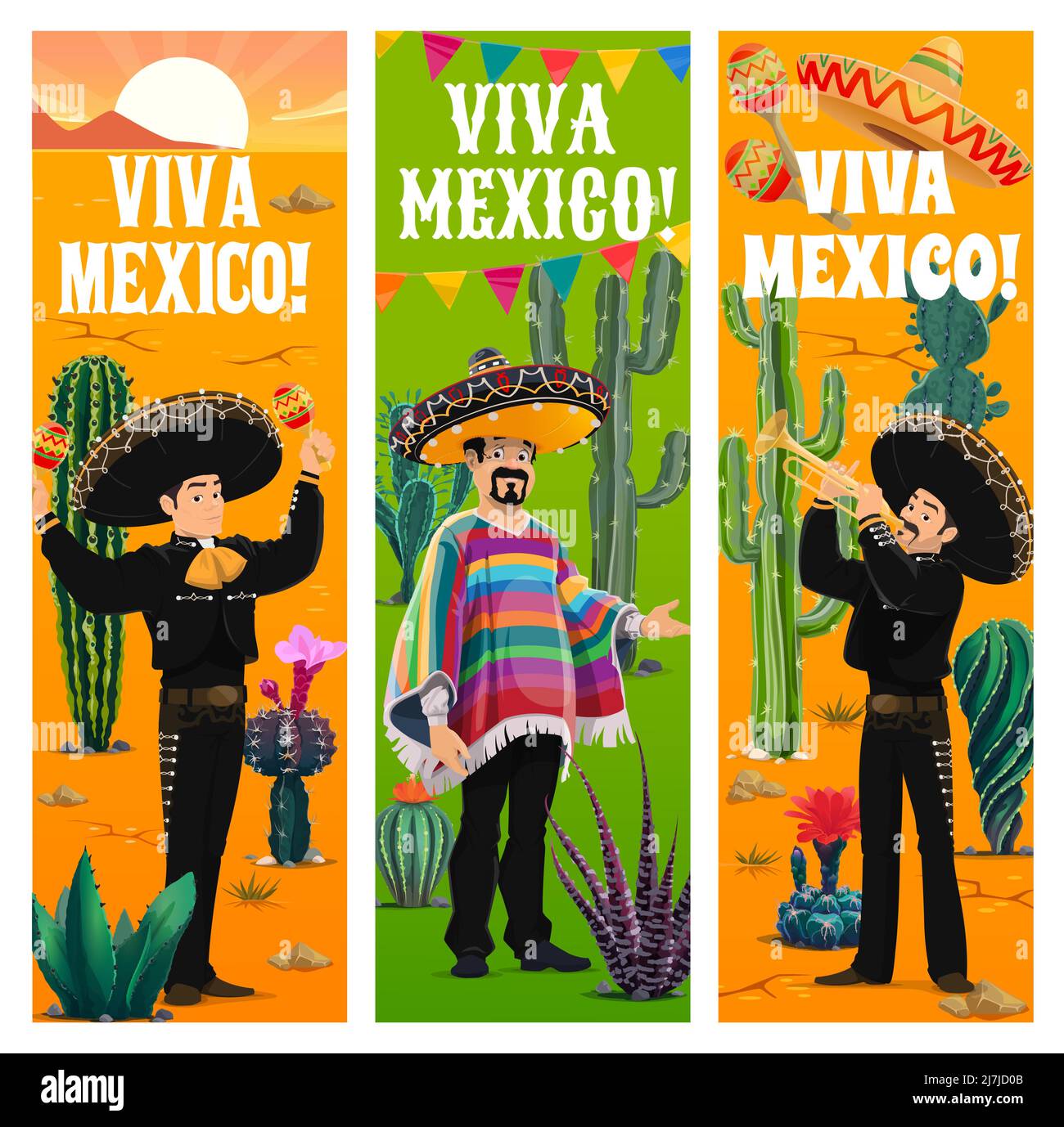 Viva Mexico bannières, groupe mexicain Mariachi dans le désert avec des cactus. Vecteur hommes musiciens personnages en sombrero et costumes nationaux jouant la trompette et les maracas. Cartes de voeux pour les fêtes de fin d'année Illustration de Vecteur