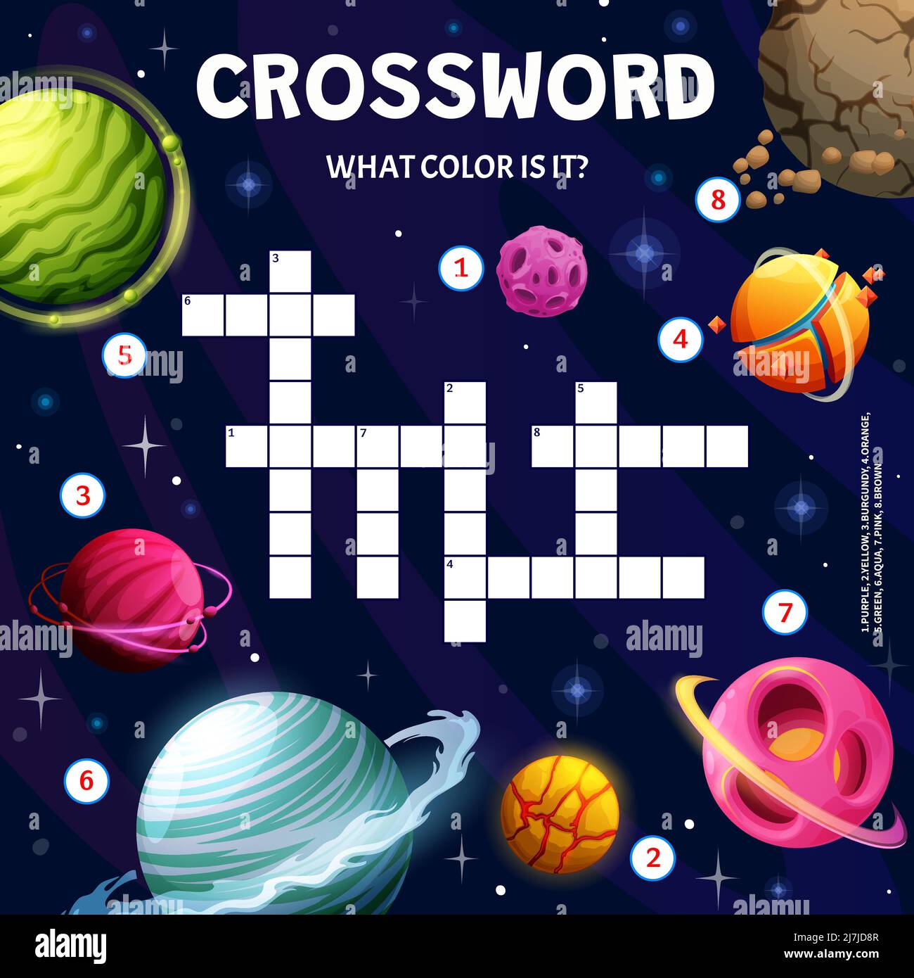 Fantastique planètes spatiales galaxies, tableau de grille de mots croisés, trouver un jeu de quiz de mot. Mot-clé de vecteur de dessin animé, devinez un puzzle de couleur pour les enfants éducation, loisirs, activité d'apprentissage, test pour enfant Illustration de Vecteur