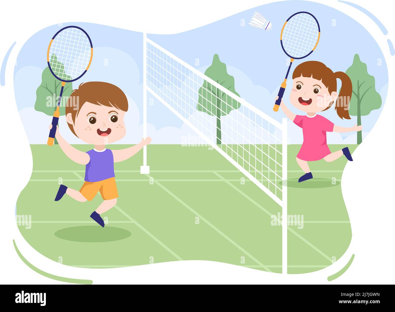 Joueur de badminton avec navette sur le terrain en dessin-modèle plat. Heureux de jouer Sport jeu et Loisirs Design Illustration de Vecteur