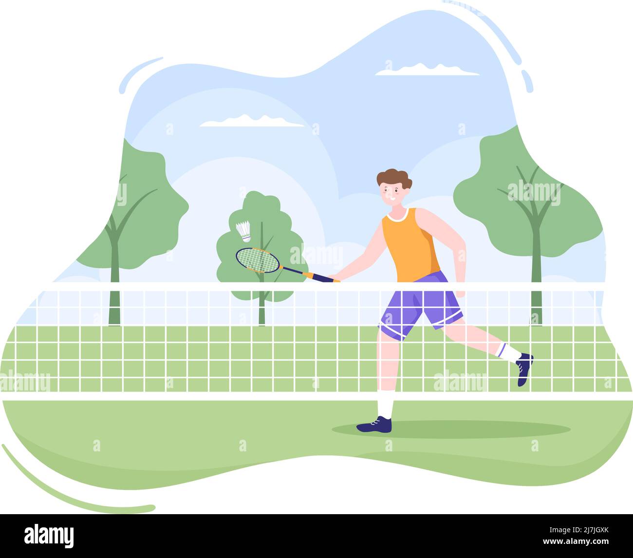 Joueur de badminton avec navette sur le terrain en dessin-modèle plat. Heureux de jouer Sport jeu et Loisirs Design Illustration de Vecteur