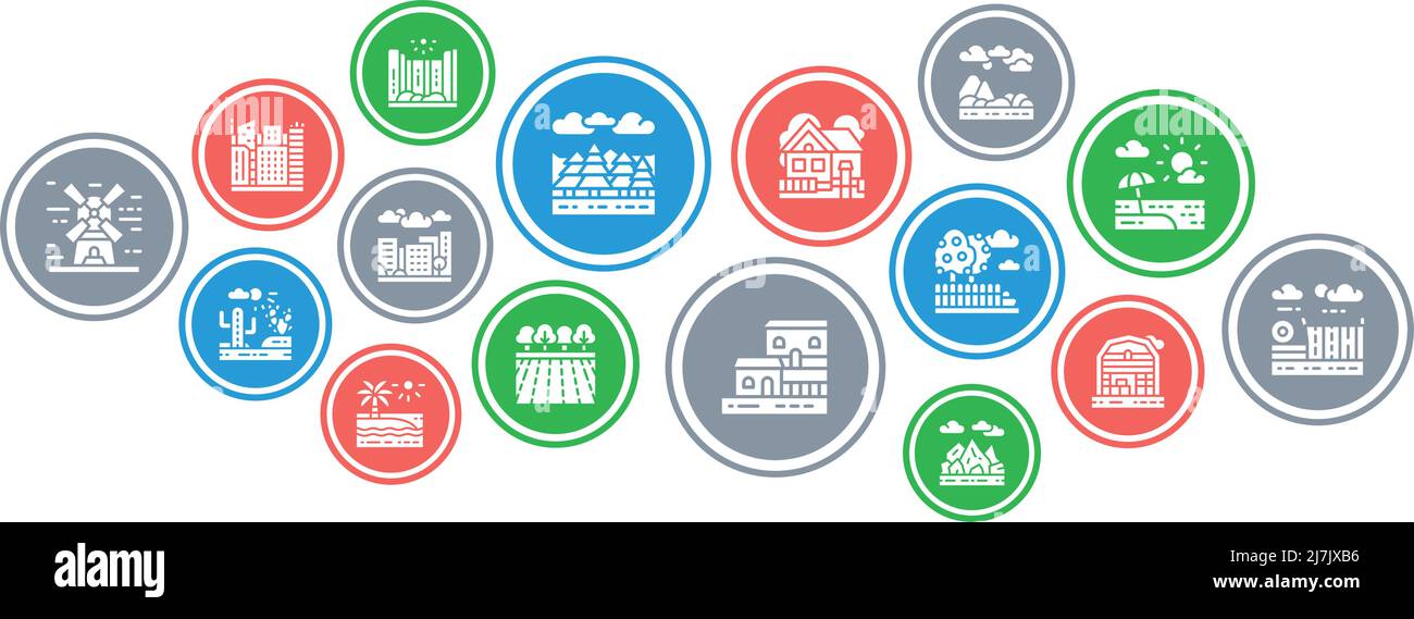 Bannière d'illustration de concept paysage. Pont, Forêt, jardin, volcan, Moulin vecteur bannière pour la page Web. Illustration de Vecteur