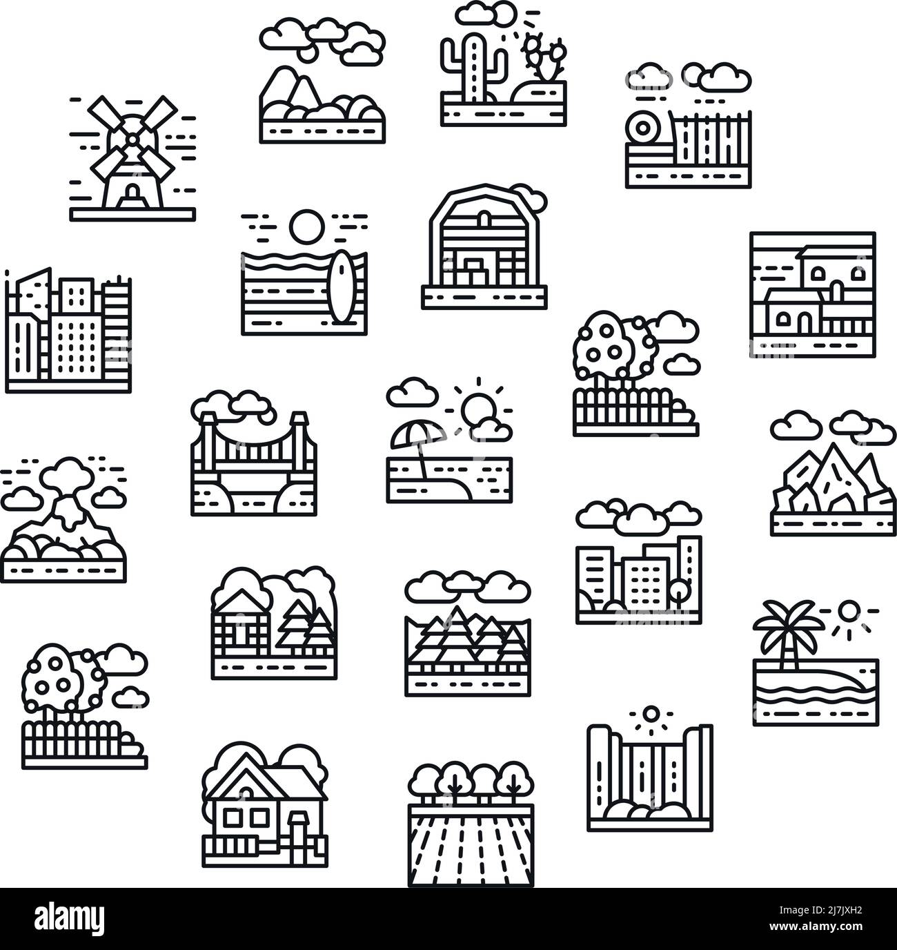 Icône de ligne paysage définie. Pont, forêt, jardin, volcan, icônes de Moulin dans un cercle isolé sur fond blanc. Illustration de Vecteur